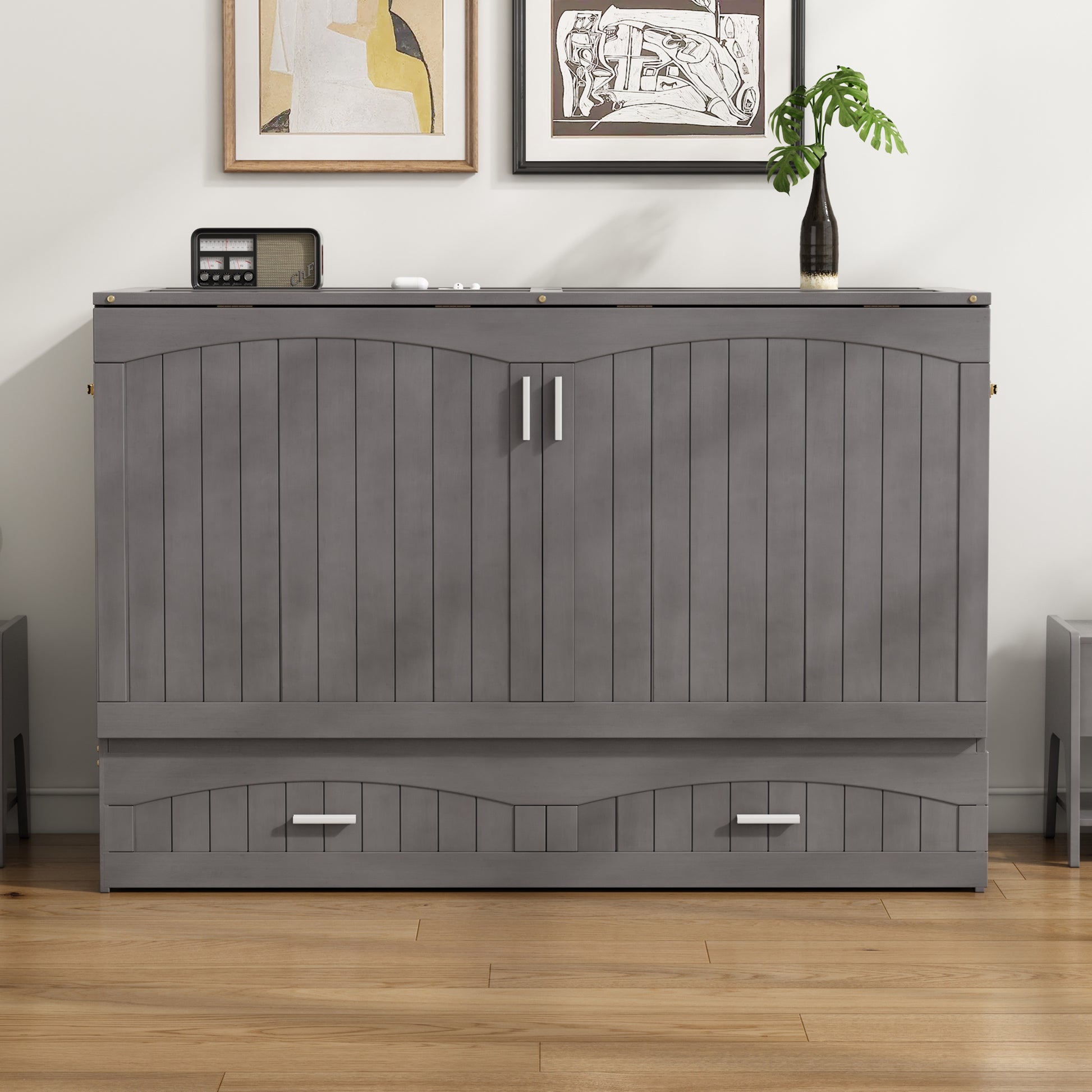 Queen Size Murphy Bed With Built In Charging Station, Antique Grey Box Spring Not Required Queen Antique Gray Wood Pine Wood