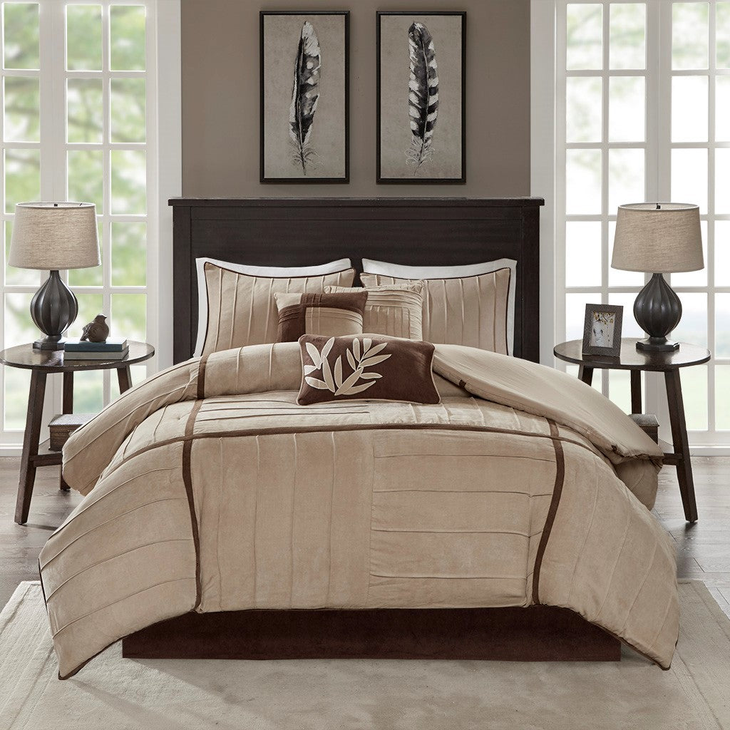 7 Piece Faux Suede Comforter Set Beige King King Beige Polyester
