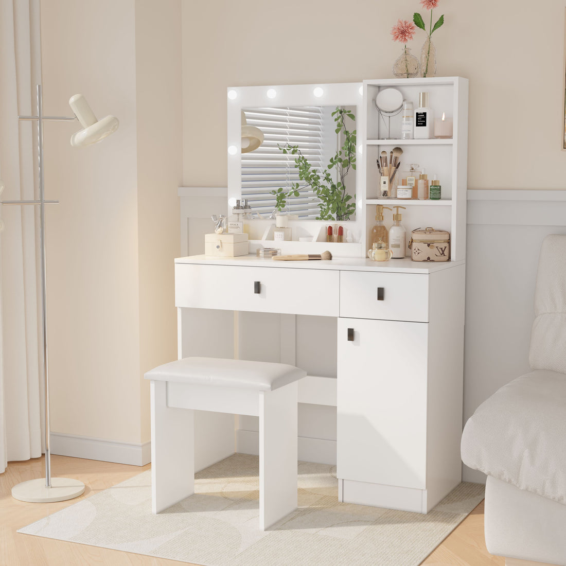 Vanity Desk With Lights, Vanity Set With Mirror, Makeup Vanity Desk With Large Drawers & Three Level Storage Dreeser, Vanitys Vanities With 3 Lights Brightness Adjustable For Bedroom, White Hinged White Drawer 2 Drawers Bedroom Extra Deep Drawers Modern