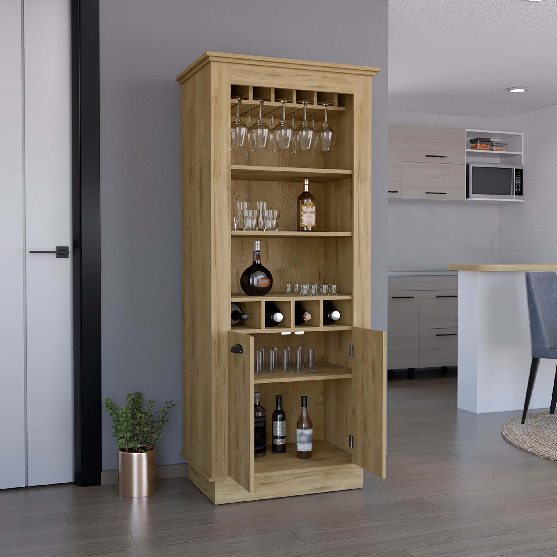 Lafayette Bar Cabinet With 4 Bottle Rack, Upper Glass Holder And Dual Door Design Beige Primary Living Space Modern Shelves Included Particle Board