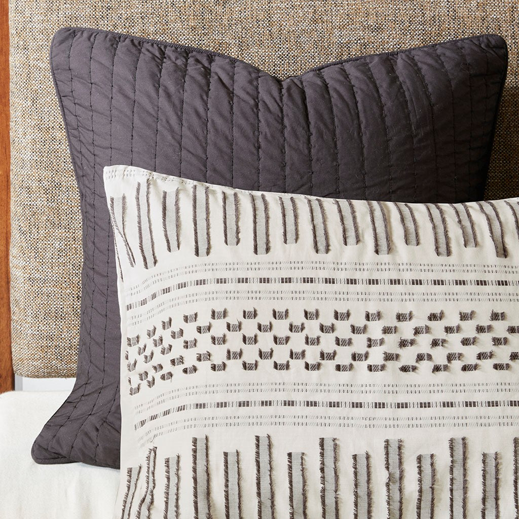 Cotton Jacquard Comforter Mini Set Ivory Charcoal Full Queen Queen Ivory Charcoal Cotton