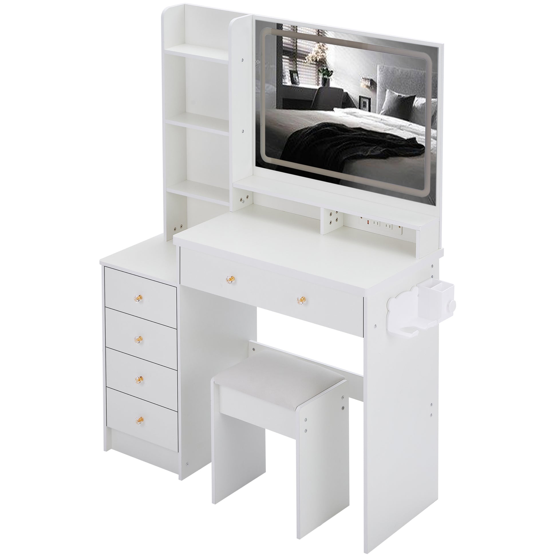 41" Large Size Left Bedside Cabinet Vanity Table Cushioned Stool Dresser Set, 2 Ac 2 Usb Power Station, Hair Dryer Stand, Extra Large Touch Control Led Mirror, 3 Color Switch, Epa, Gcc, Ul