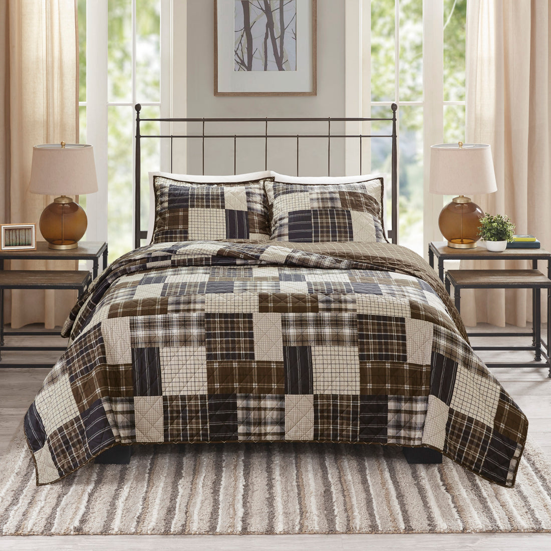 3 Piece Reversible Printed Quilt Set Black Brown King Cal King Black Brown Microfiber