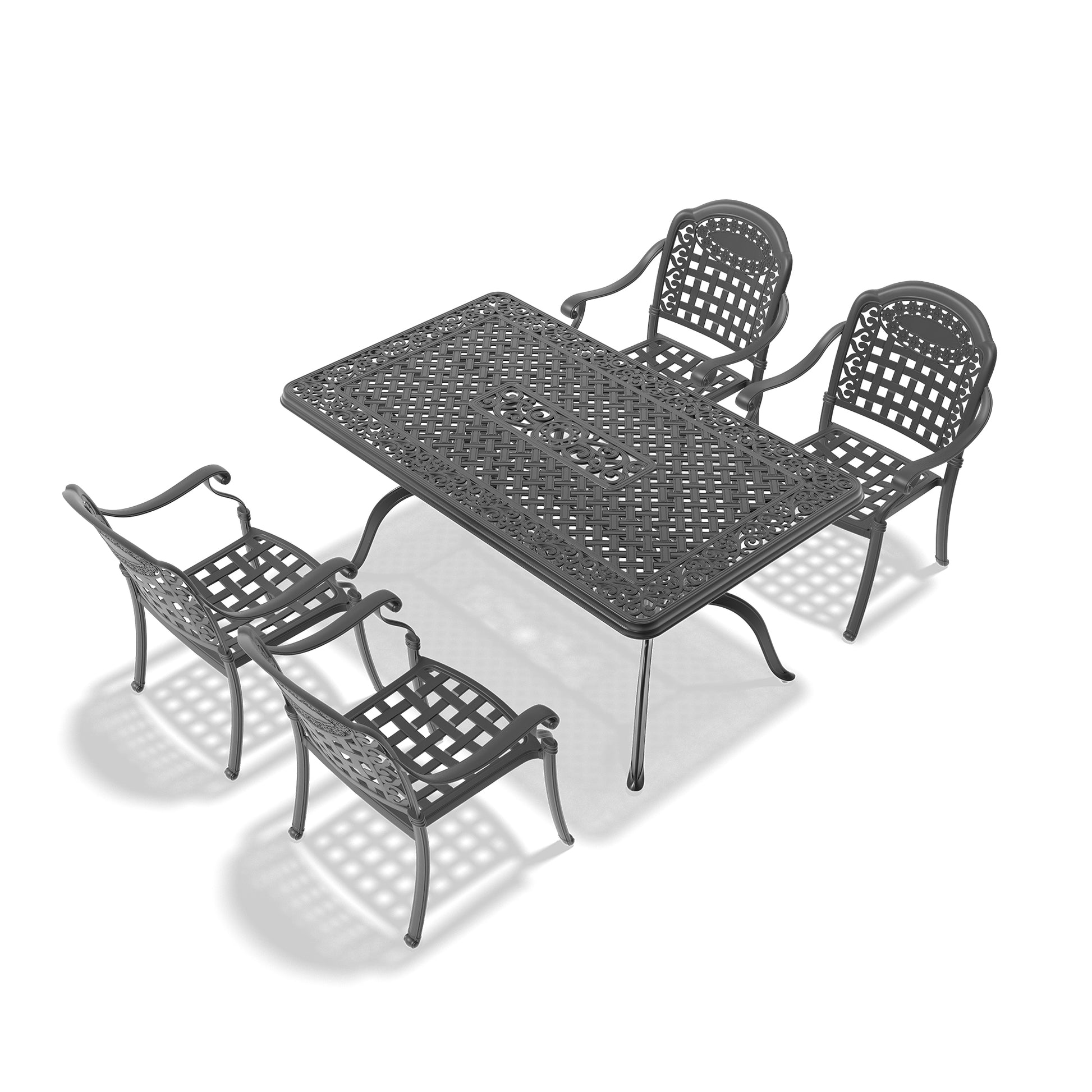 Cushions In Random Colors 5 Piece Set Of Cast Aluminum Patio Furniture With Cushions Yes Dining Set Black Seats 4 Rust Resistant Frame Water Resistant Cushion Garden & Outdoor Complete Patio Sets Aluminium