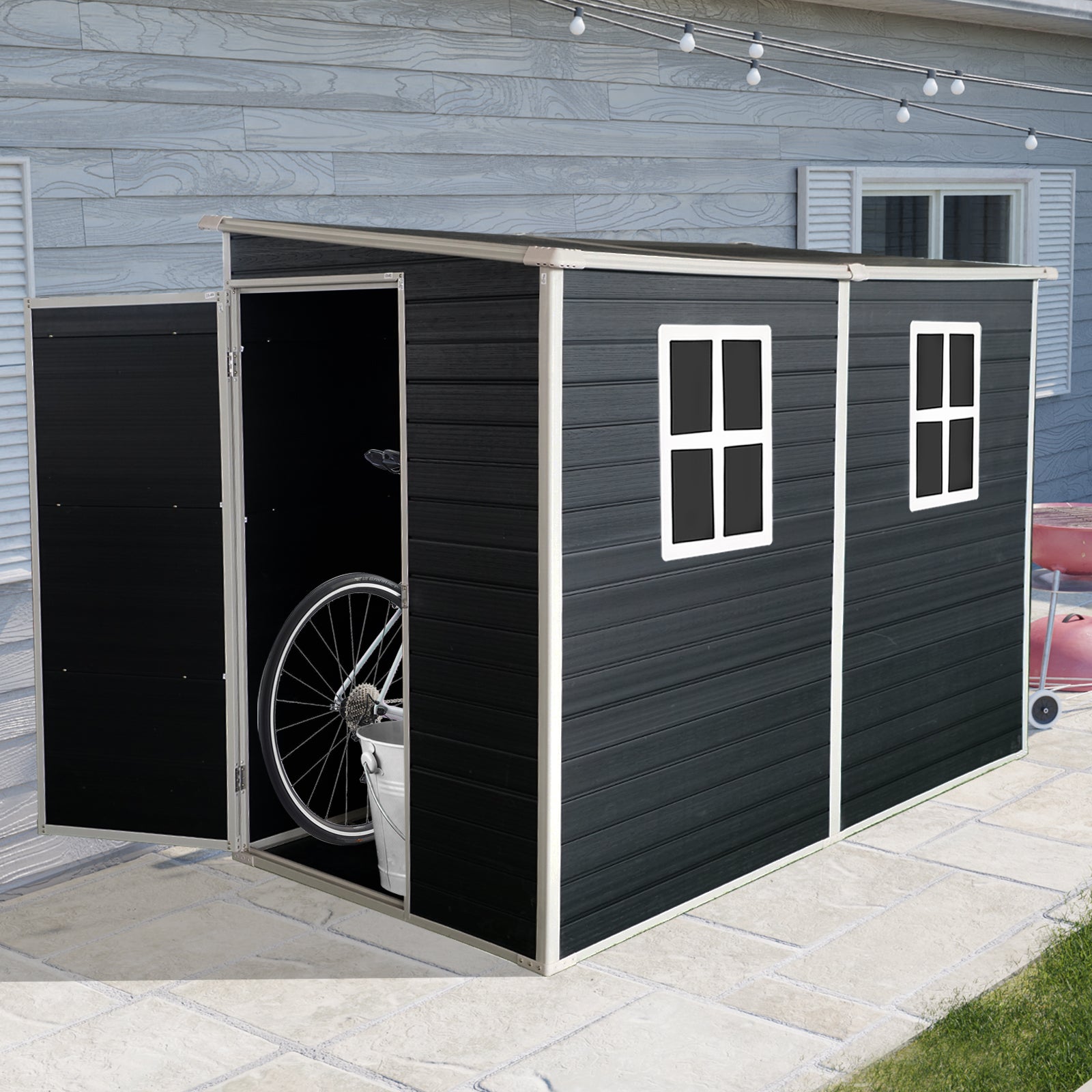 4X8Ft Outdoor Storage Shed With Floor Resin Shed With Two Window, Waterproof ,Lockable Doors For Patio,Yard,Lawn Black Black Polypropylene