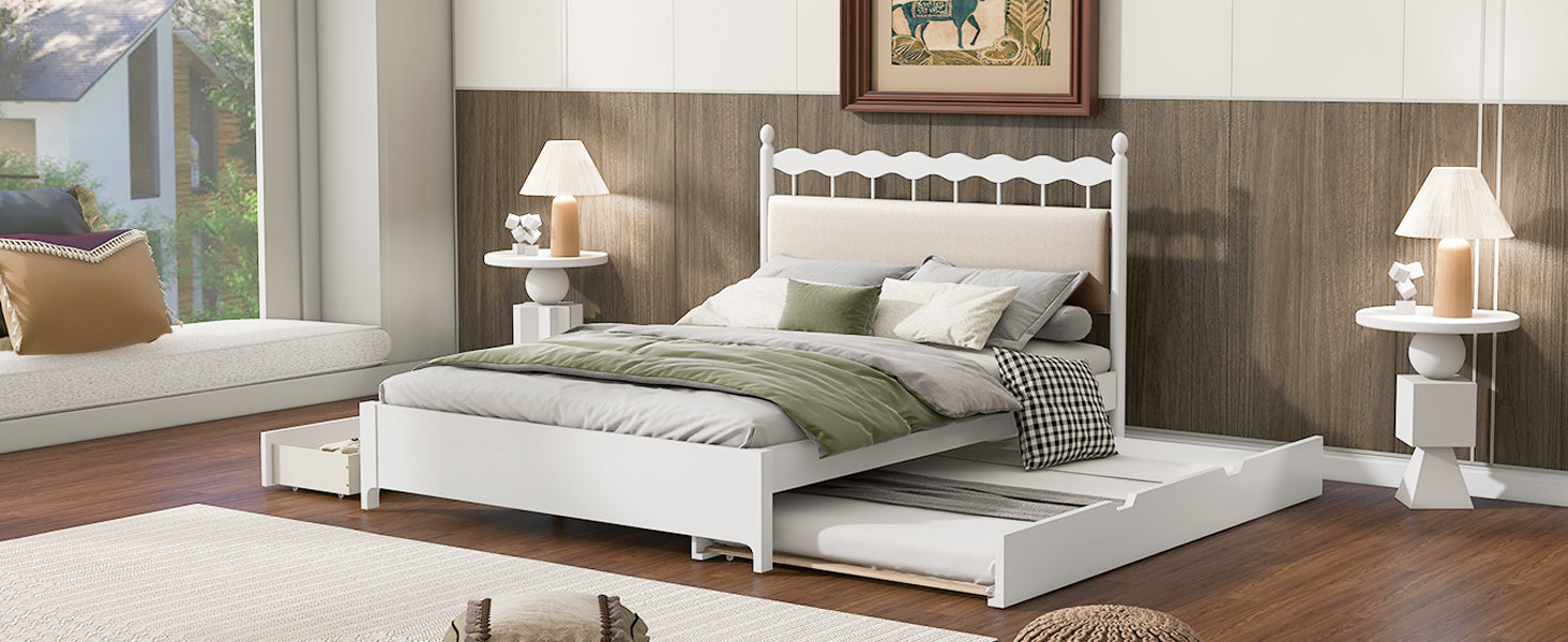Queen Size Wooden Storage Platform Bed, With 2 Big Drawers, T Size Trundle, White Queen White Plywood