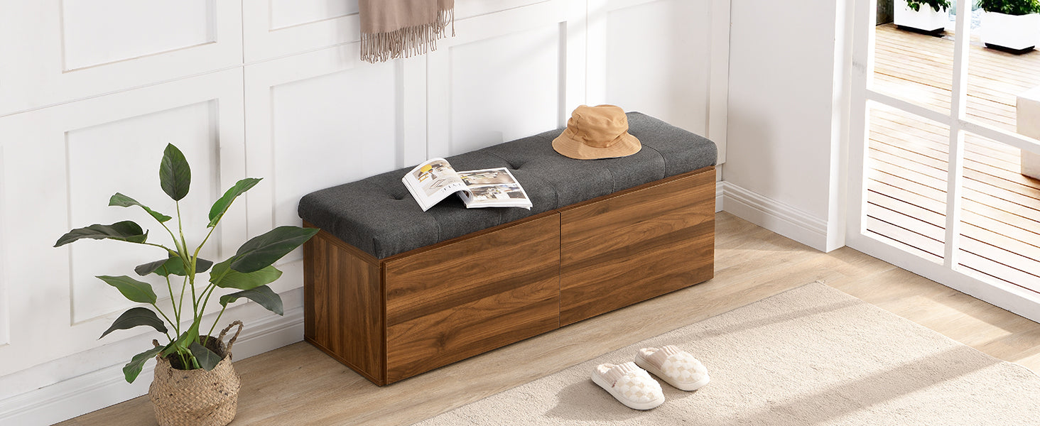 49" Shoe Storage Bench Entryway Shoe Cabinet Storage Ottoman With Padded Seat Cushion And Double Doors For Entryway, Hallway And Bedroom, Dark Grey Cushioned Dark Gray Linen Or Linen Blend Solid