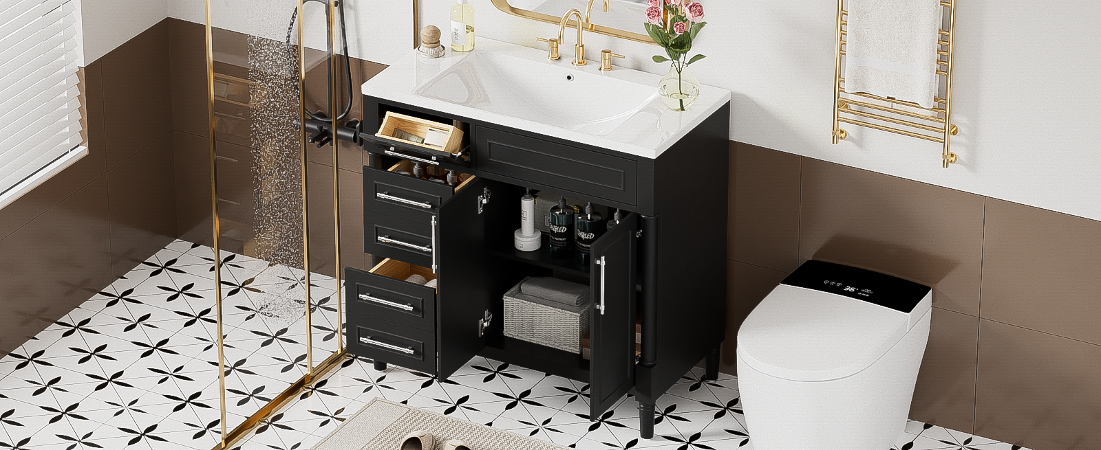 36'' Bathroom Vanity With Top Resin Sink, Freestanding Bathroom Storage Cabinet With 2 Drawers And A Tip Out Drawer, Solid Wood Frame Vanity Set, Height Adjustable Shelf 3 Black 2 2 Adjustable Shelves Bathroom Freestanding Solid Wood Mdf Resin Painted