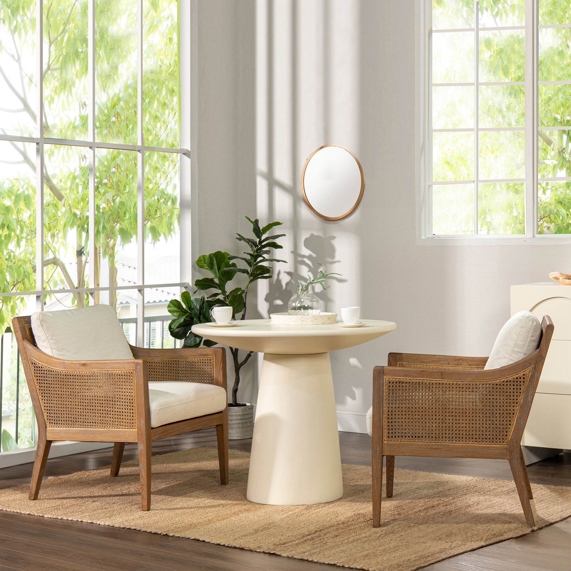 Ontario 24.5" Oak & Rattan Upholstered Accent Arm Chair, Natural White Linen White Foam Wood Fabric Rattan