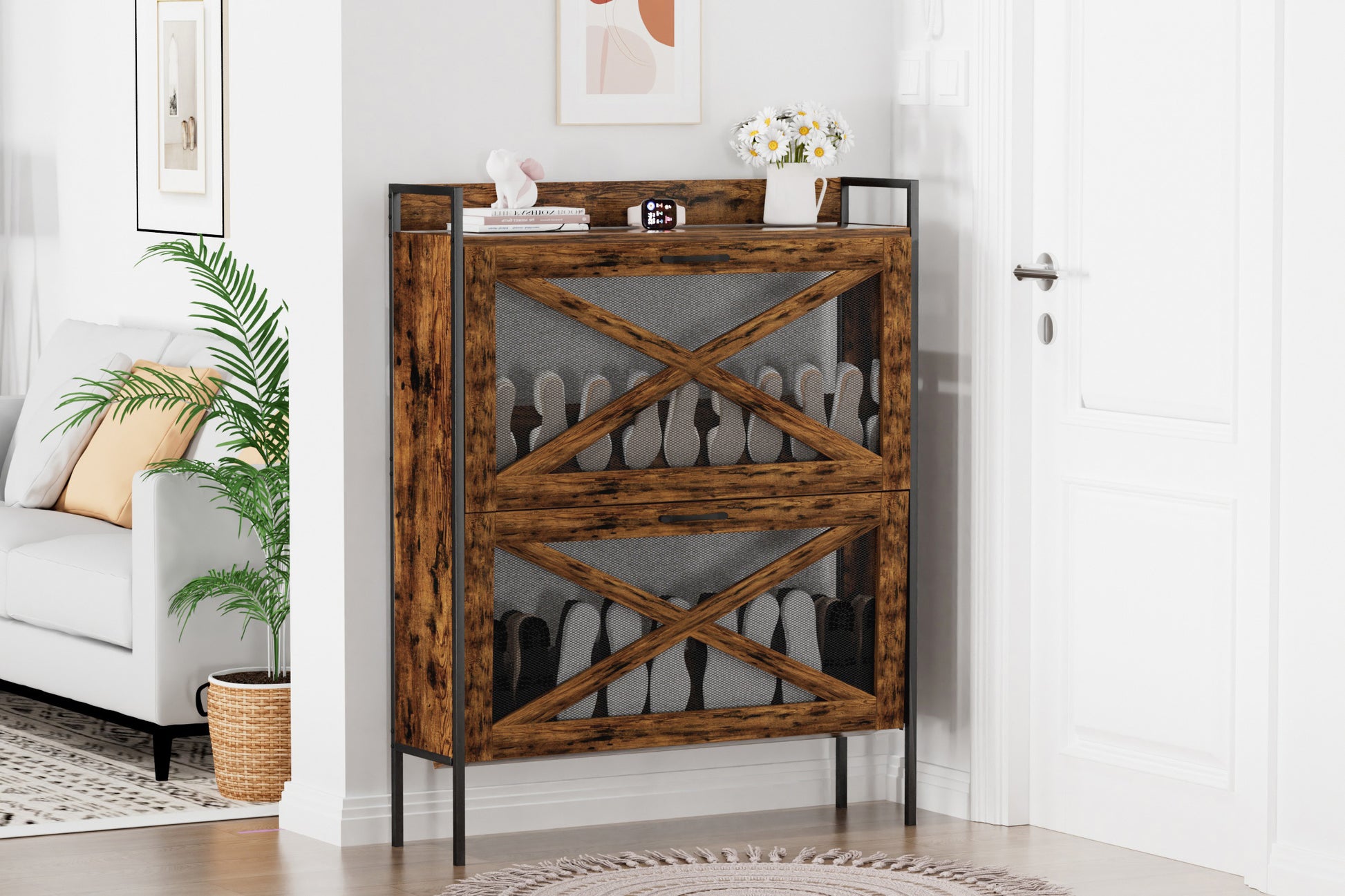 A Shoe Cabinet With 2 Flip Top Drawers, An Entryway Shoe Cabinet, A Narrow Standalone Shoe Rack Cabinet With Metal Legs, Rustic Brown,31.5'' W X 8.5'' D X 39.5'' H. Rustic Brown Particle Board