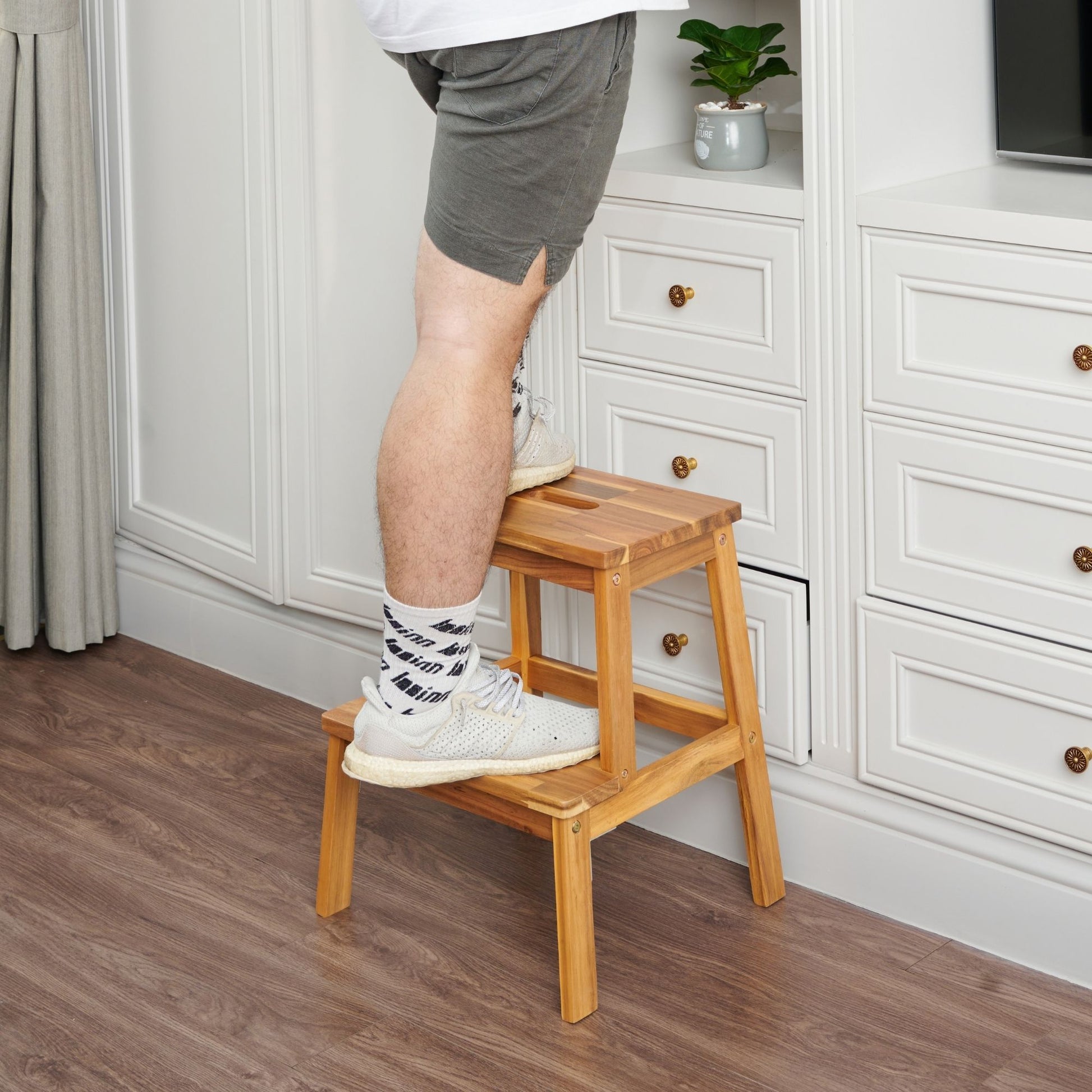 Acacia Wood Two Steps Stool Small Size Rectangle Acacia Wood Light Brown Primary Living Space American Design Acacia Wood