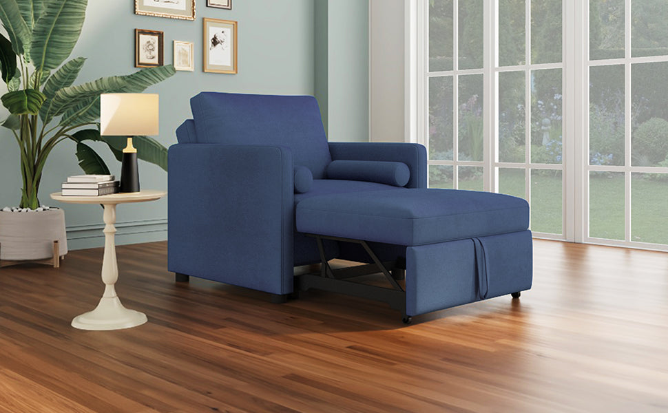 3 In 1 Convertible Sleeper Chair With Adjustable Backrest, Lounger Chair Turns Into Bed, Single Bed For Living Room, Velvet, Ink Blue Blue Velvet