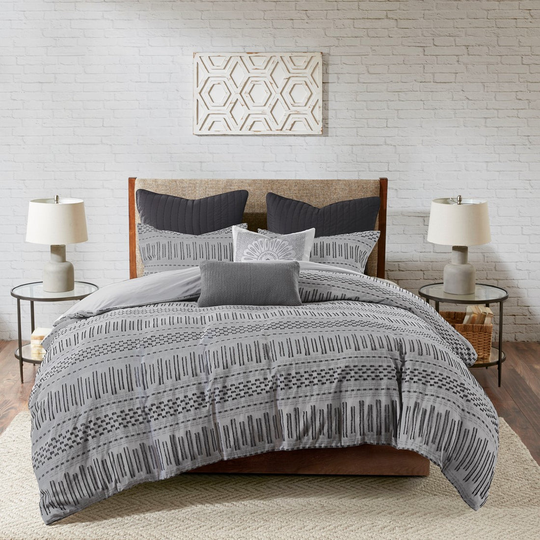 Cotton Jacquard Comforter Mini Set Grey Black Full Queen Queen Grey Black Cotton