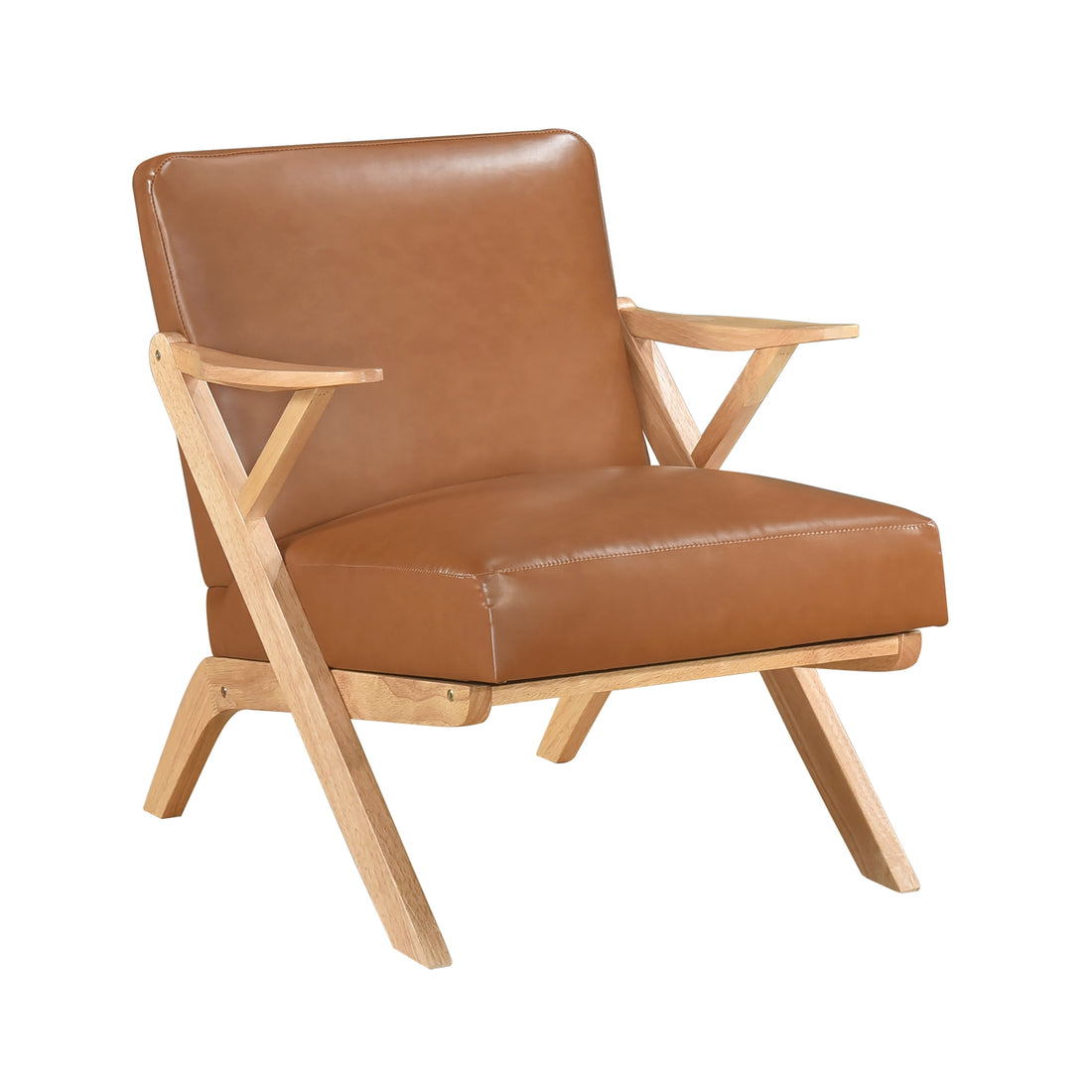 Natural Finish Solid Rubberwood Frame 1Pc Accent Chair Brown Faux Leather Upholstery Living Room Furniture Brown,Natural Primary Living Space Rubberwood Solid Wood