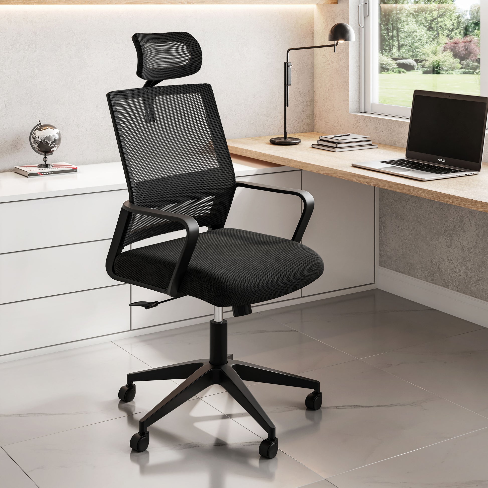 Techni Mobili Ergonomic Office Chair With Lumbar Support And Adjustable Headrest Black Office Spot Clean Modern Office Chairs Adjustable Height Fabric Plastic