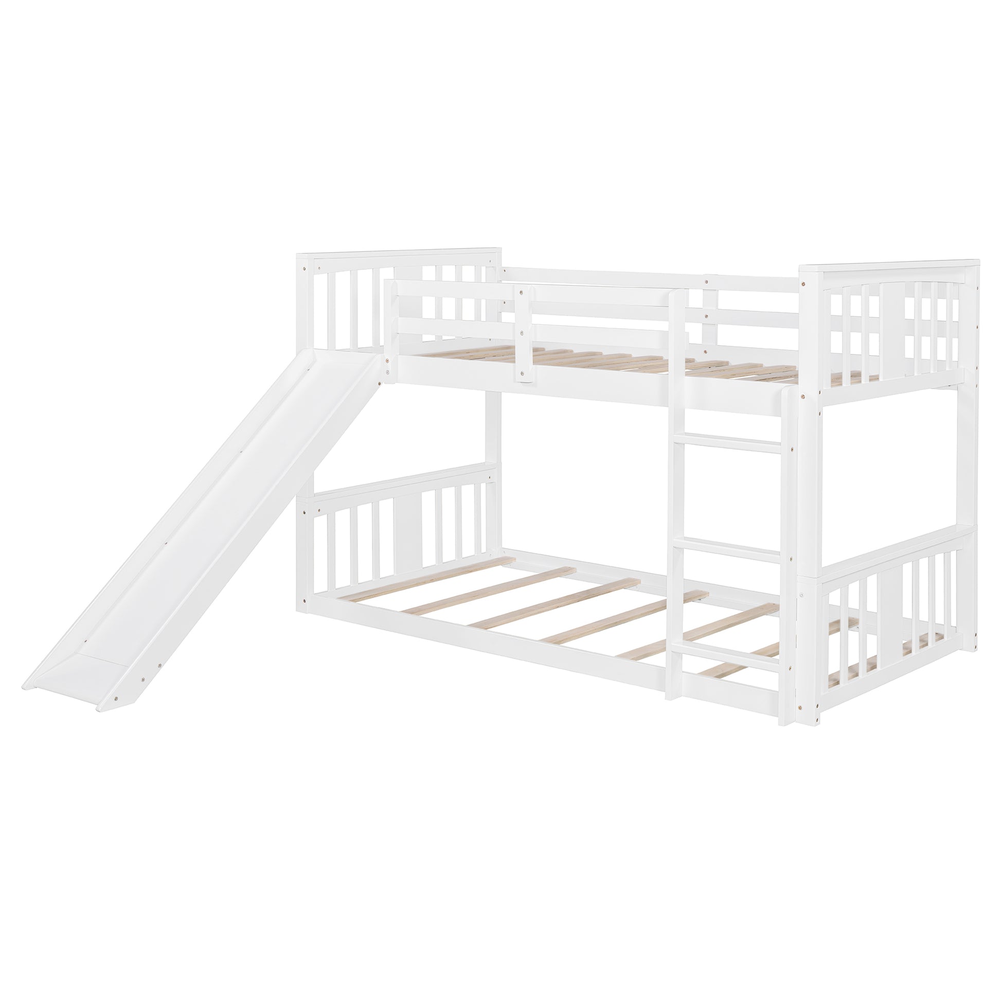 Twin Over Twin Bunk Bed With Slide And Ladder, White Old Sku:Lt000108Aak Twin White Plywood