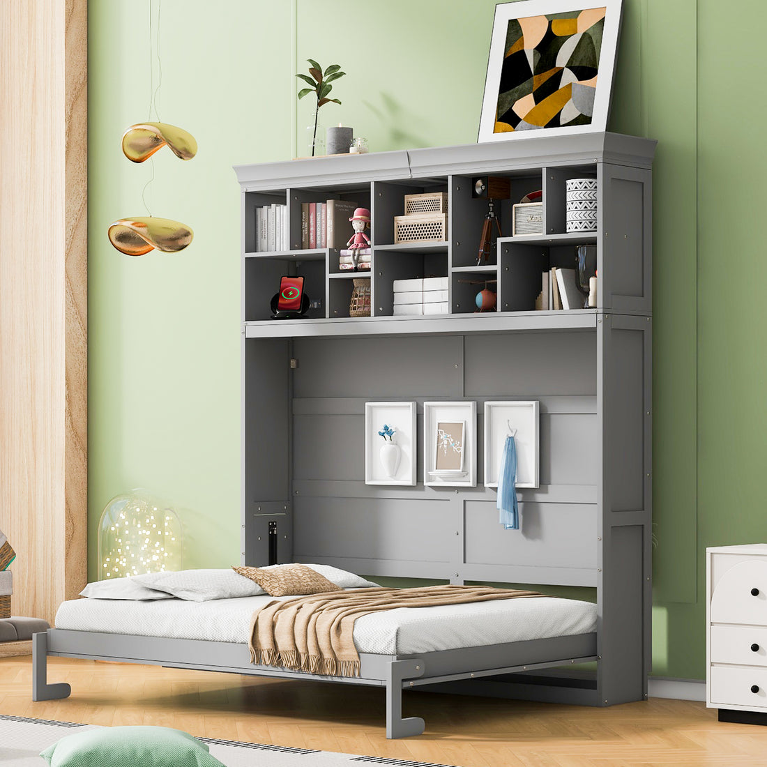 Queen Size Murphy Bed Wall Bed With Top Shelves & Usb,Gray Queen Gray Plywood