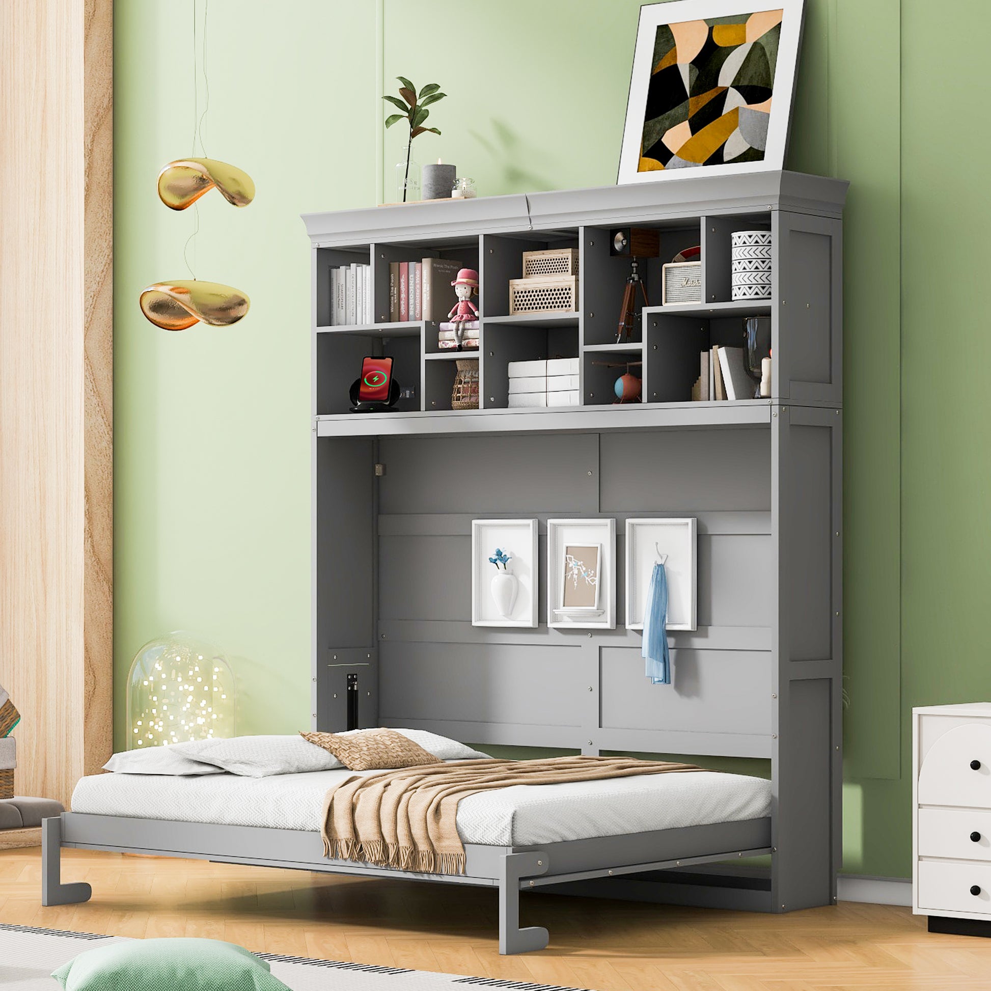 Queen Size Murphy Bed Wall Bed With Top Shelves & Usb,Gray Queen Gray Plywood