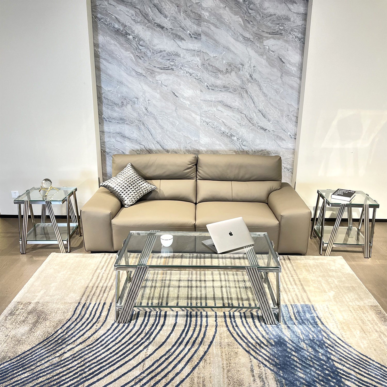 Modern Stainless Steel Coffee Table Set Set Of 3 , Double Layer Clear Tempered Glass Table Top, Coffee Table & Two End Side Table 3 Pieces Sets For Living Room Home Office, Silver Clear,Silver