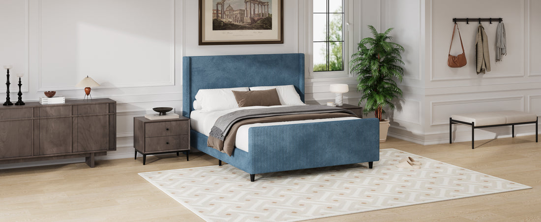 50.7'' High Headboard Corduroy Upholstered Bed Frame With Vertical Stripe Wingback And High Footboard No Box Spring Needed, Queen Size, Blue Box Spring Not Required Queen Blue Wood Bedroom Modern