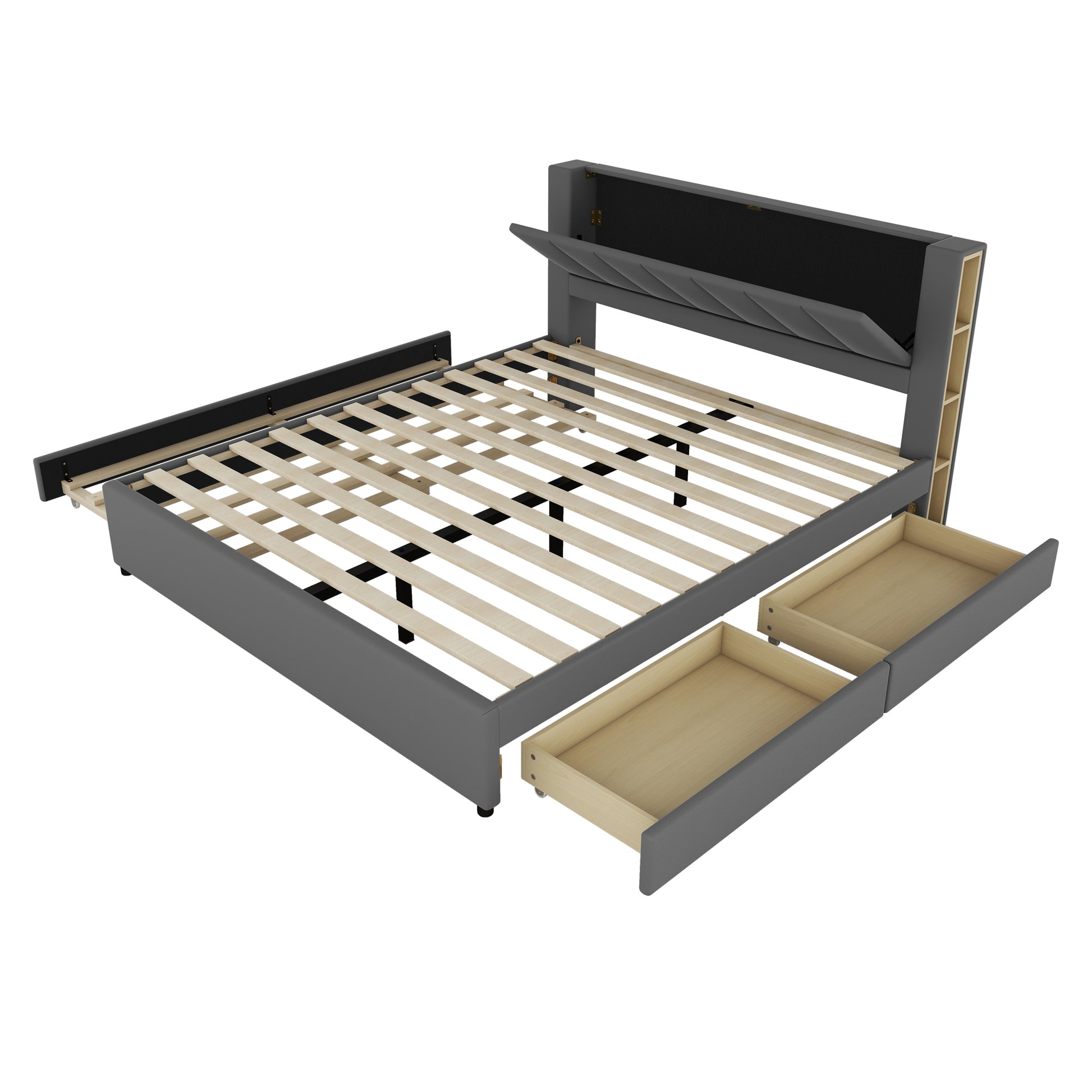 King Size Upholstery Platform Bed With Storage Headboard, 2 Drawers And Trundle, Gray King Gray Upholstered