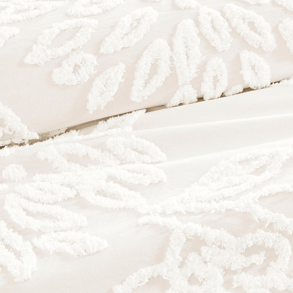 3 Piece Tufted Cotton Chenille Floral Duvet Cover Set King Off White Cotton