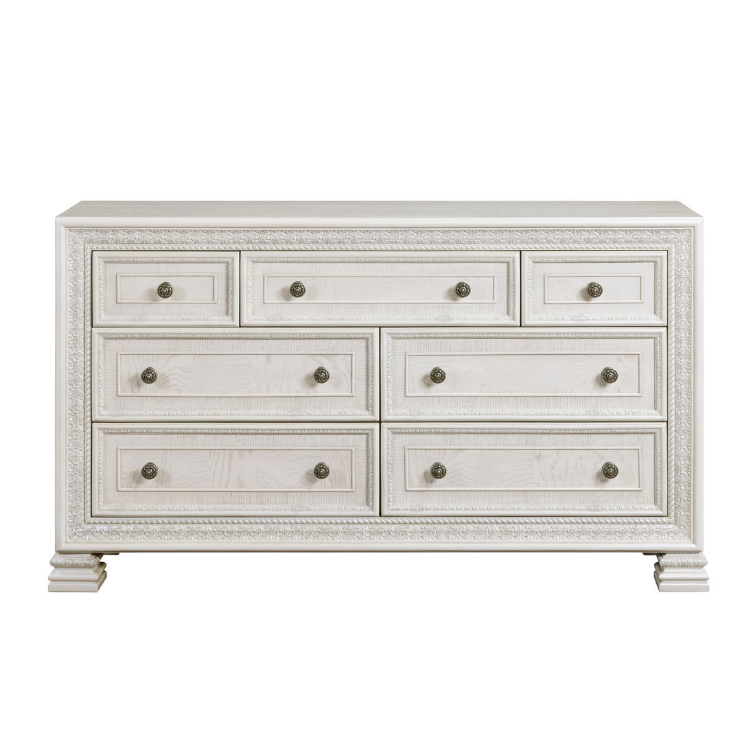 Classic Luxury Pearl White Finish Dresser Of 7X Drawers Wooden Bedroom Furniture 1Pc, Dart Molding Design White Wood