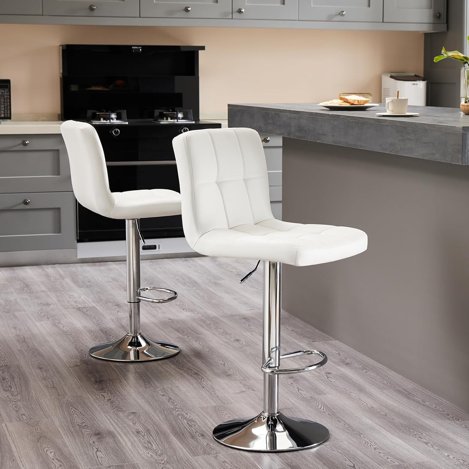 Bar Stools Set Of 2, Armless Hydraulic Kitchen Height Counter Bar Stools, Pu Leather Adjustable Swivel Barstools, Thickened Square Seat Cushion Barstool With Back, White White Metal