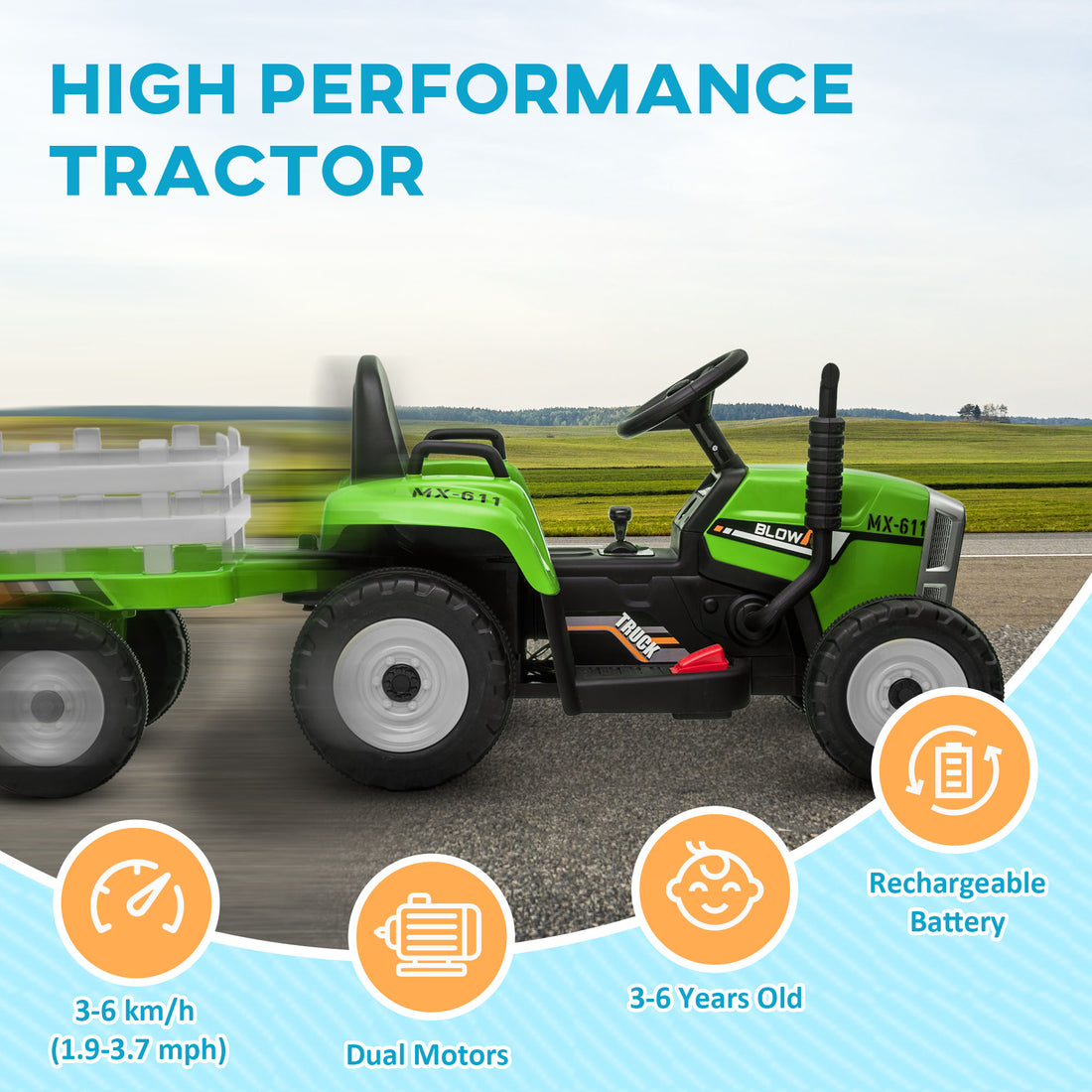 Aosom 12V Ride On Tractor With Trailer, 25W Dual Motors, Battery Powered Electric Tractor With Remote Control, Music Startup Sound And Horn, Led Lights, Green Green Plastic