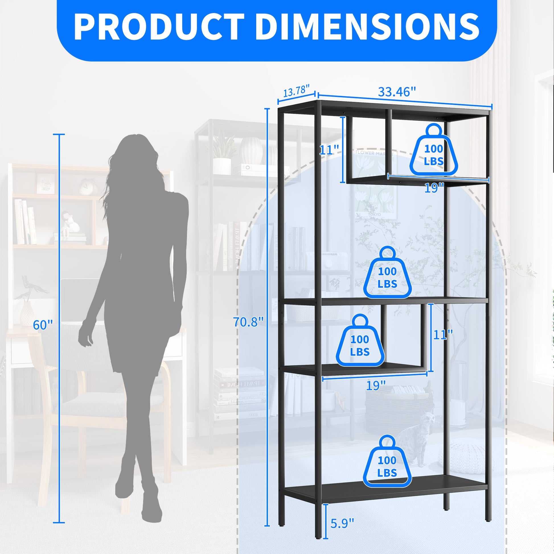 Modern Storage Shelf With 4 Compartments & Metal Legs, Freestanding Organizer,Book Shelves Display Shelves For Living Room, Bedroom, Home Office 4 Black Standard Primary Living Space Open Back Metal