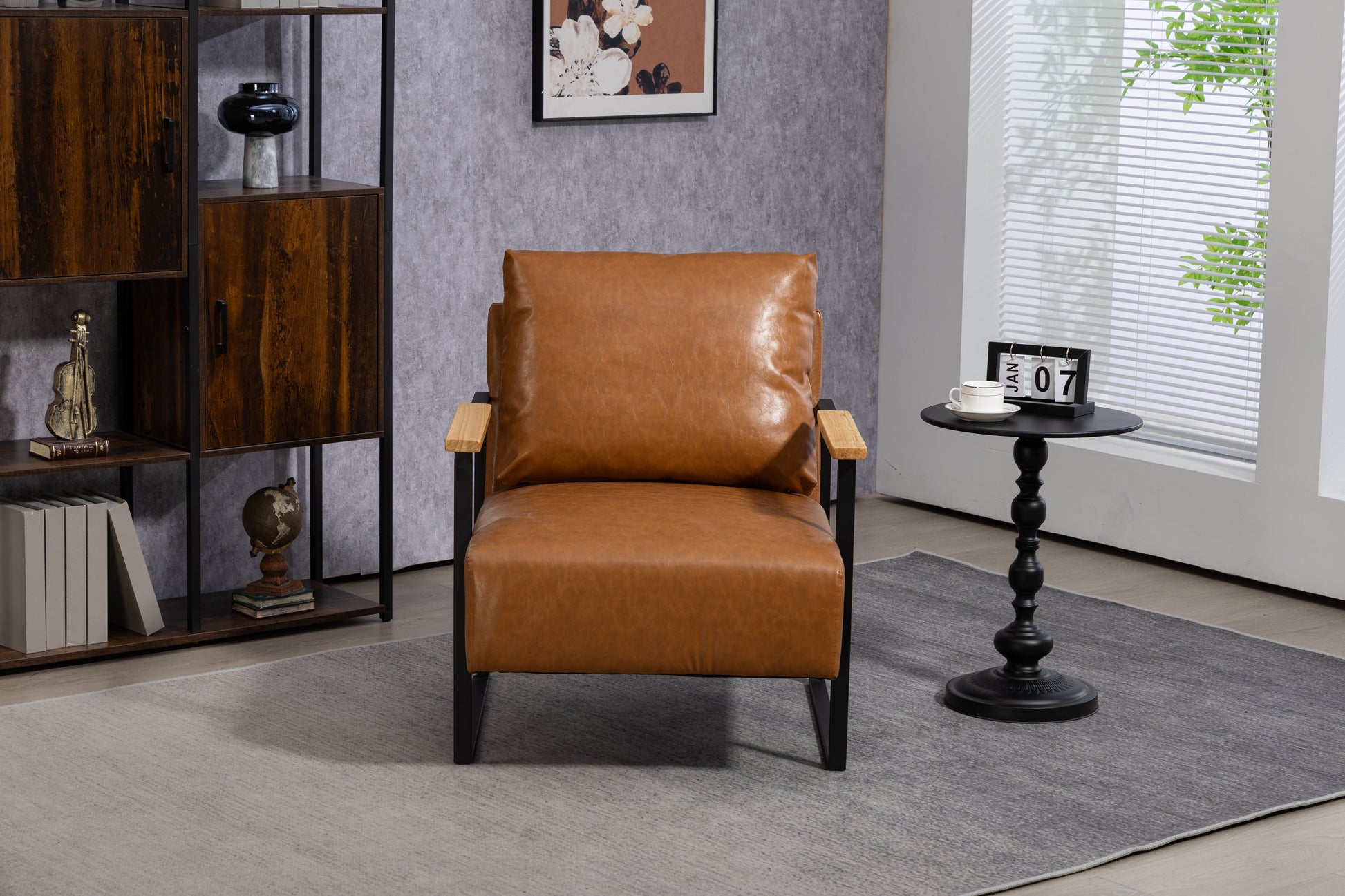 Leather Accent Chair Guest Chair For Living Room, Mid Century Armchair For Bedroom Brown Leather Brown Pu
