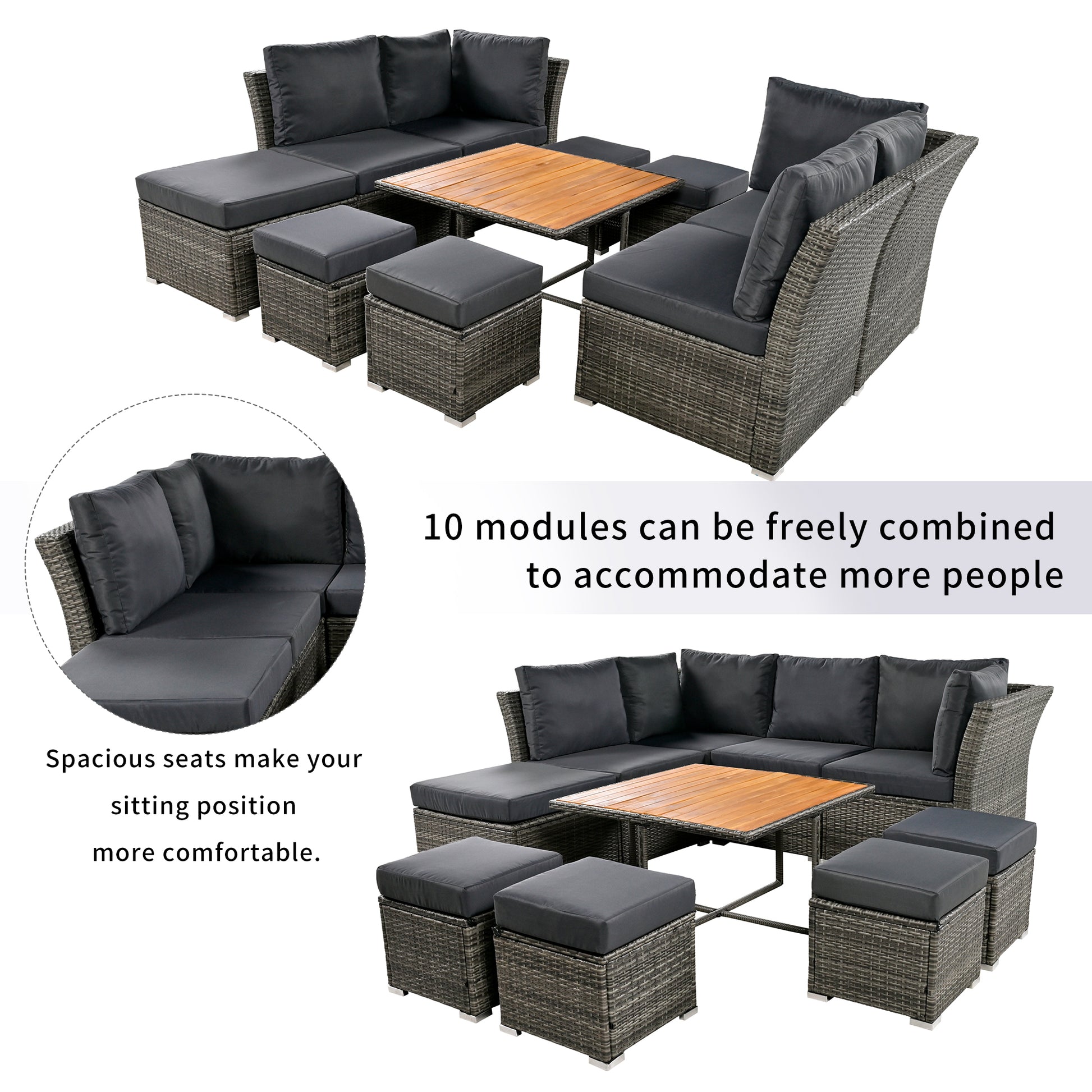 Patio Furniture Set, 10 Piece Outdoor Conversation Set, Coffeetable With Ottomans, Solid Wood Coffee Table Grey Rattan