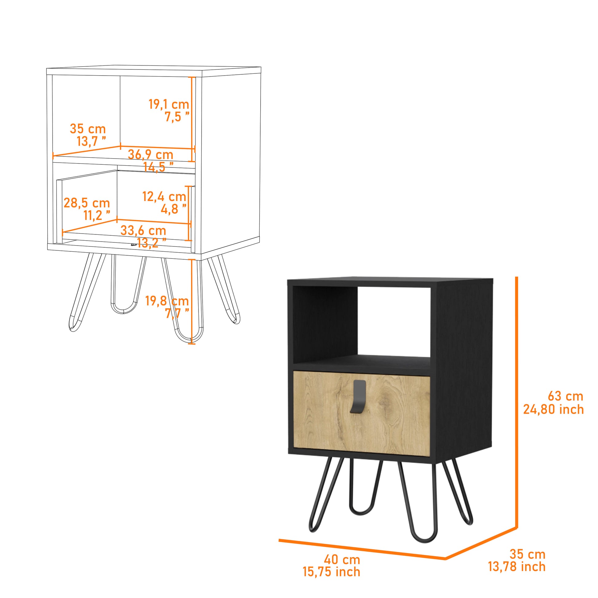 Kimball Nightstand, Large Storage Design With Hairpin Legs, Drawer An Open Shelf Multicolor 1 Drawer Bedroom Open Storage Contemporary Pine Shelving Pine Particle Board Engineered Wood