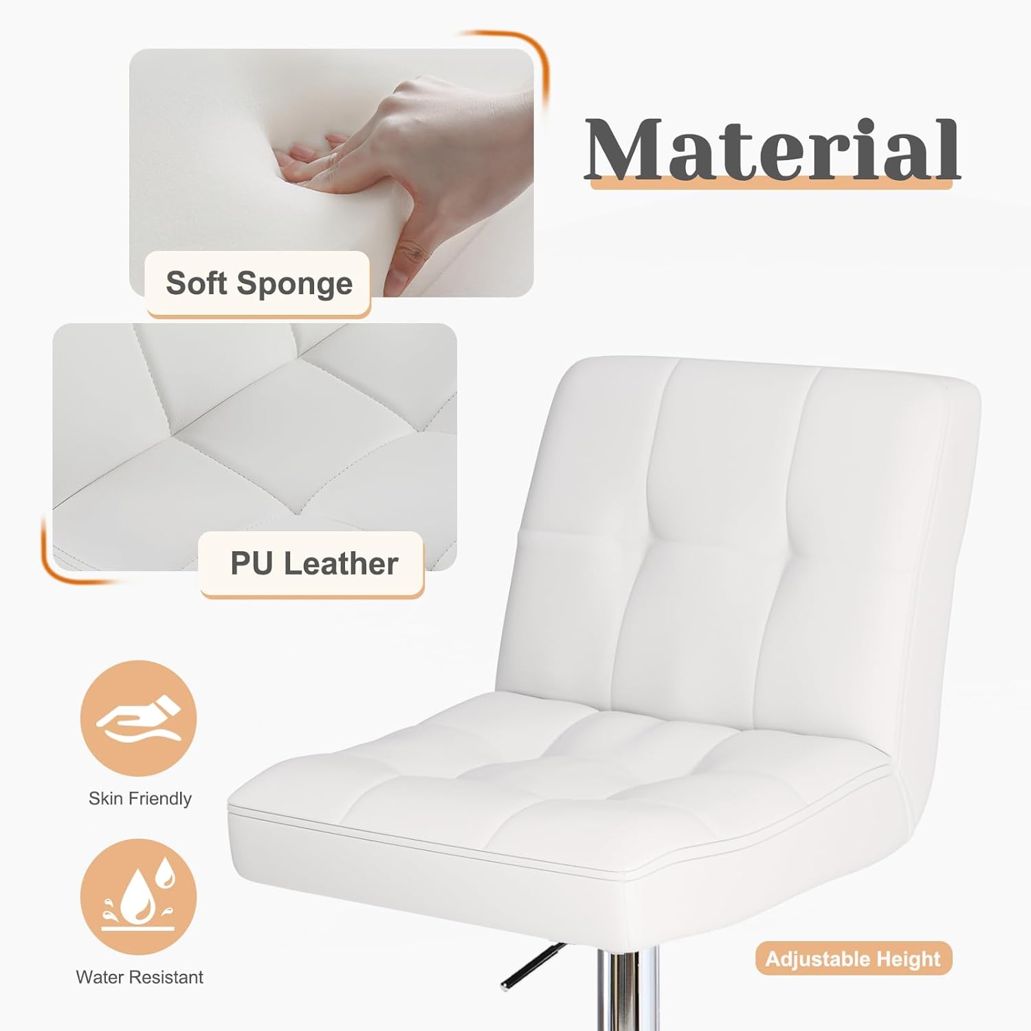 Bar Stools Set Of 2, Armless Hydraulic Kitchen Height Counter Bar Stools, Pu Leather Adjustable Swivel Barstools, Thickened Square Seat Cushion Barstool With Back, White White Metal