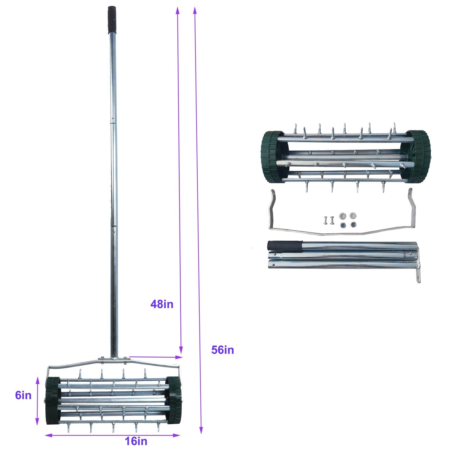Heavy Duty Rolling Lawn Aerator,Rolling Lawn Aerator, Rotary Push Tine Spike Soil Lawn Aerator Gardening Tool With 3 Piece Long Steel Handle For Garden Yard Grass Maintenance,Garden Yard Rotary Push Silver Abs Steel Q235