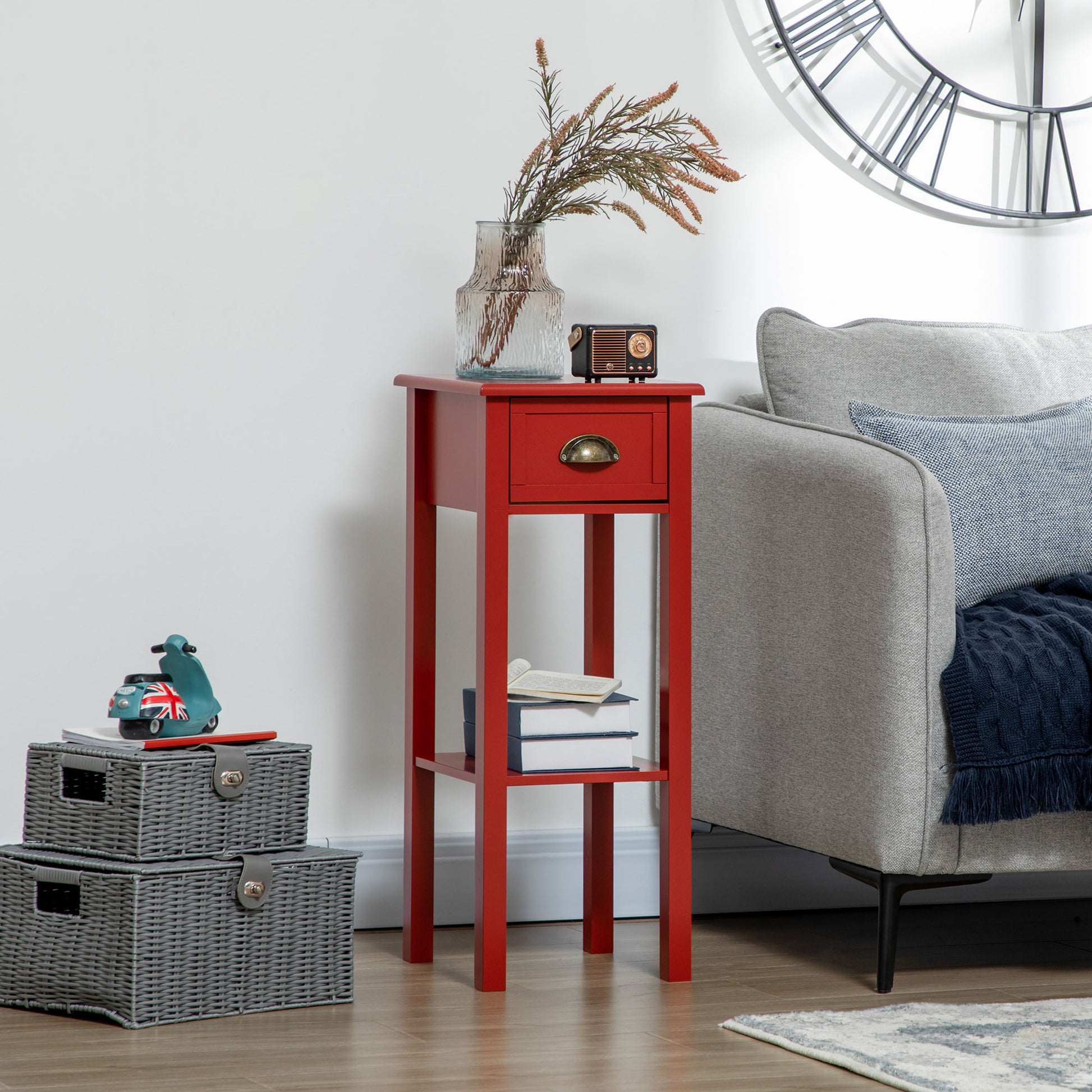 Homcom 2 Tier Side Table With Drawer, Narrow End Table With Bottom Shelf, For Living Room Or Bedroom, Red Red Mdf
