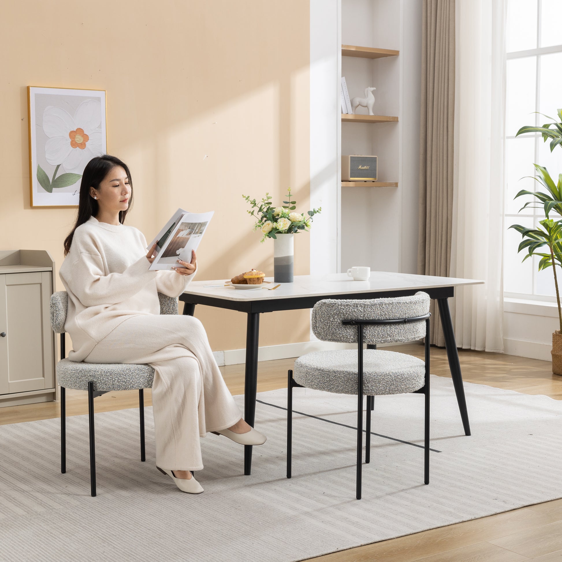 Burbank Modern Round Boucle Dining Chairs, Set Of 2, Black White Black White Dining Room Modern Boucle Iron