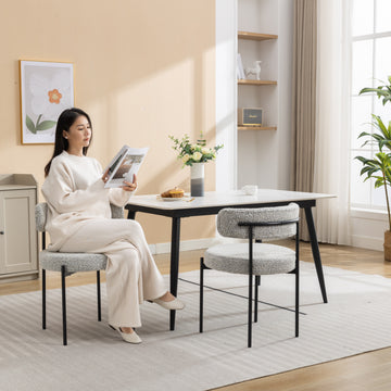 Burbank Modern Round Boucle Dining Chairs, Set Of 2, Black White Black White Dining Room Modern Boucle Iron