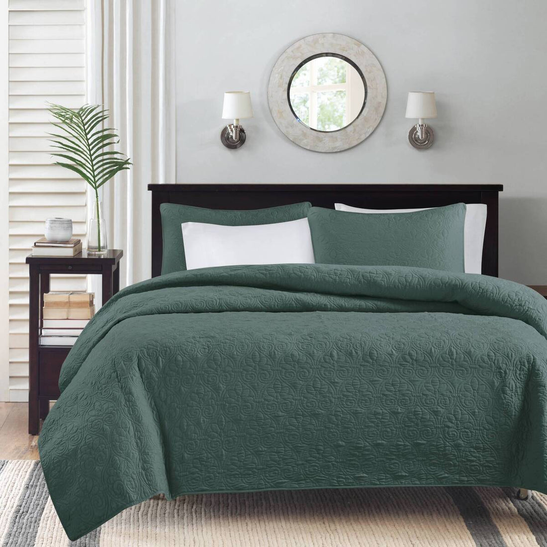 3 Piece Reversible Bedspread Set Balsam Green King Green Polyester