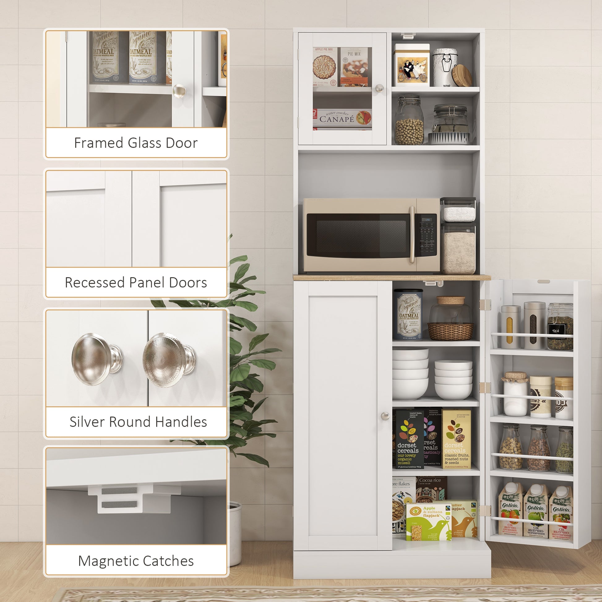 Homcom 66.5" Pantry Cabinet With Microwave Stand, Freestanding Kitchen Storage Cabinet With Hutch, 8 Door Shelves, Adjustable Shelves, Food Pantry Cabinet For Dining Room, White White Particle Board