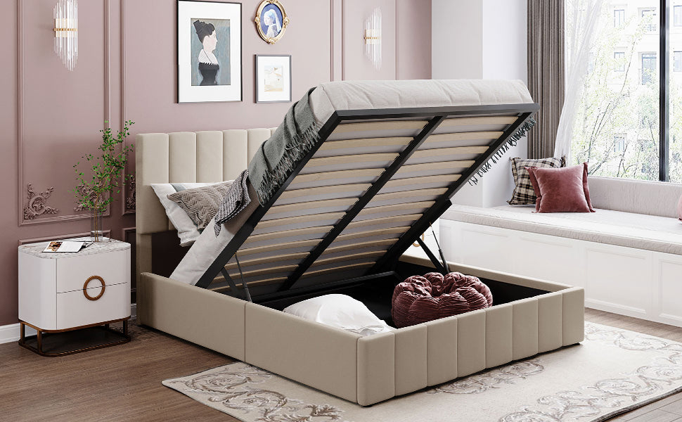 Queen Size Upholstered Platform Bed With A Hydraulic Storage System Beige Old Sku: Lp000211Aaa Beige Upholstered