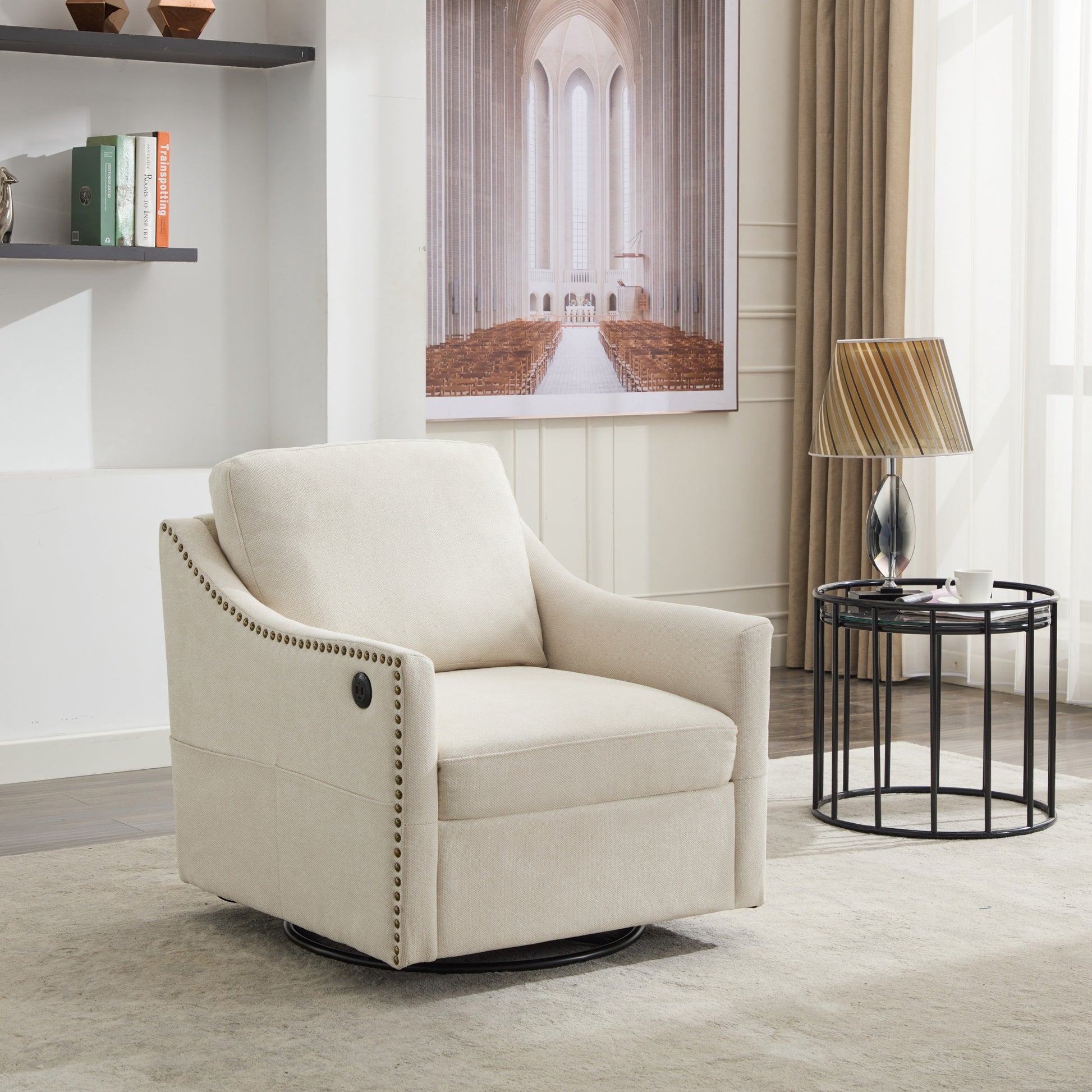 Cream White Fabric Swivel Rotating Accent Chair With Usb And Magazine Book For Living Room And Hotel Bed Room Cream White White Primary Living Space American Design,Classic,Modern Pine Foam Wood Fabric
