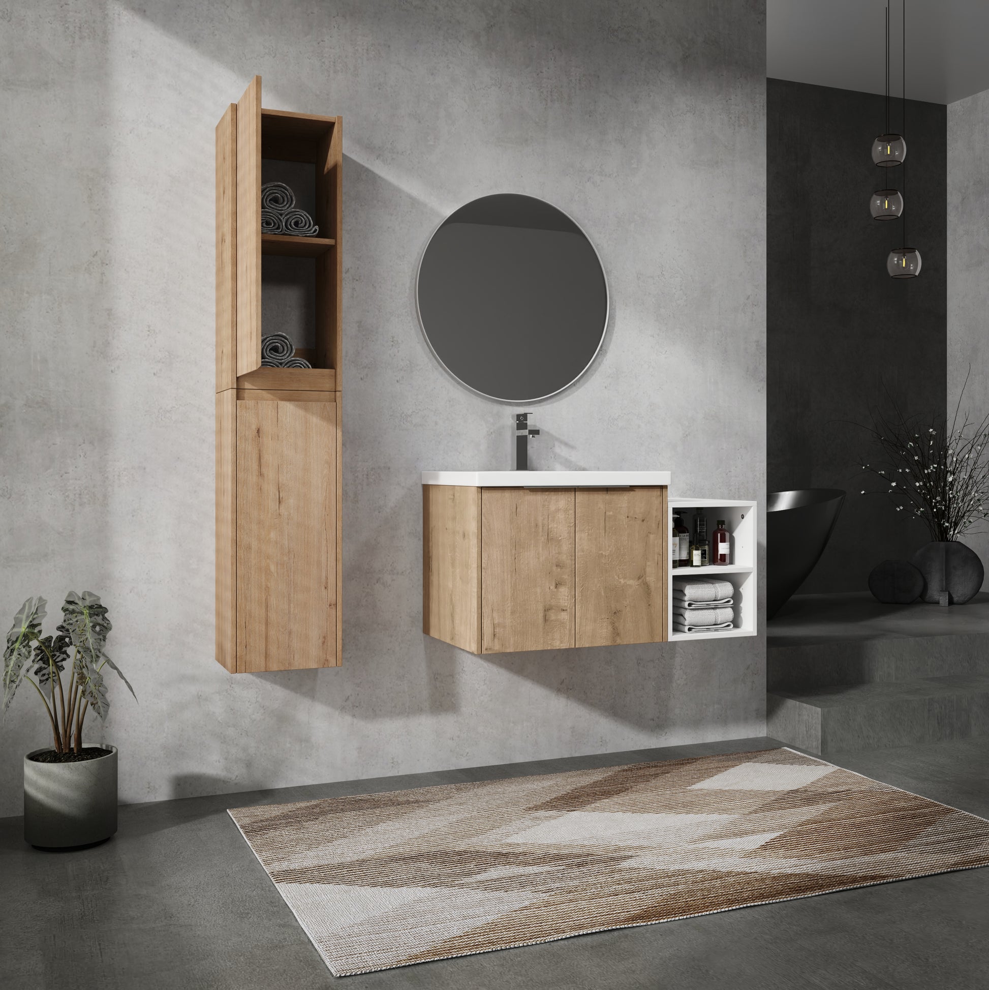 36" Wall Mounted Bathroom Vanity With Sink And Side Cabinet, Soft Close Doors,00112Imox2 0624Imo 0612Gwh Combination Cabinet Kd Packing Imitative Oak Bathroom Modern Plywood Plywood