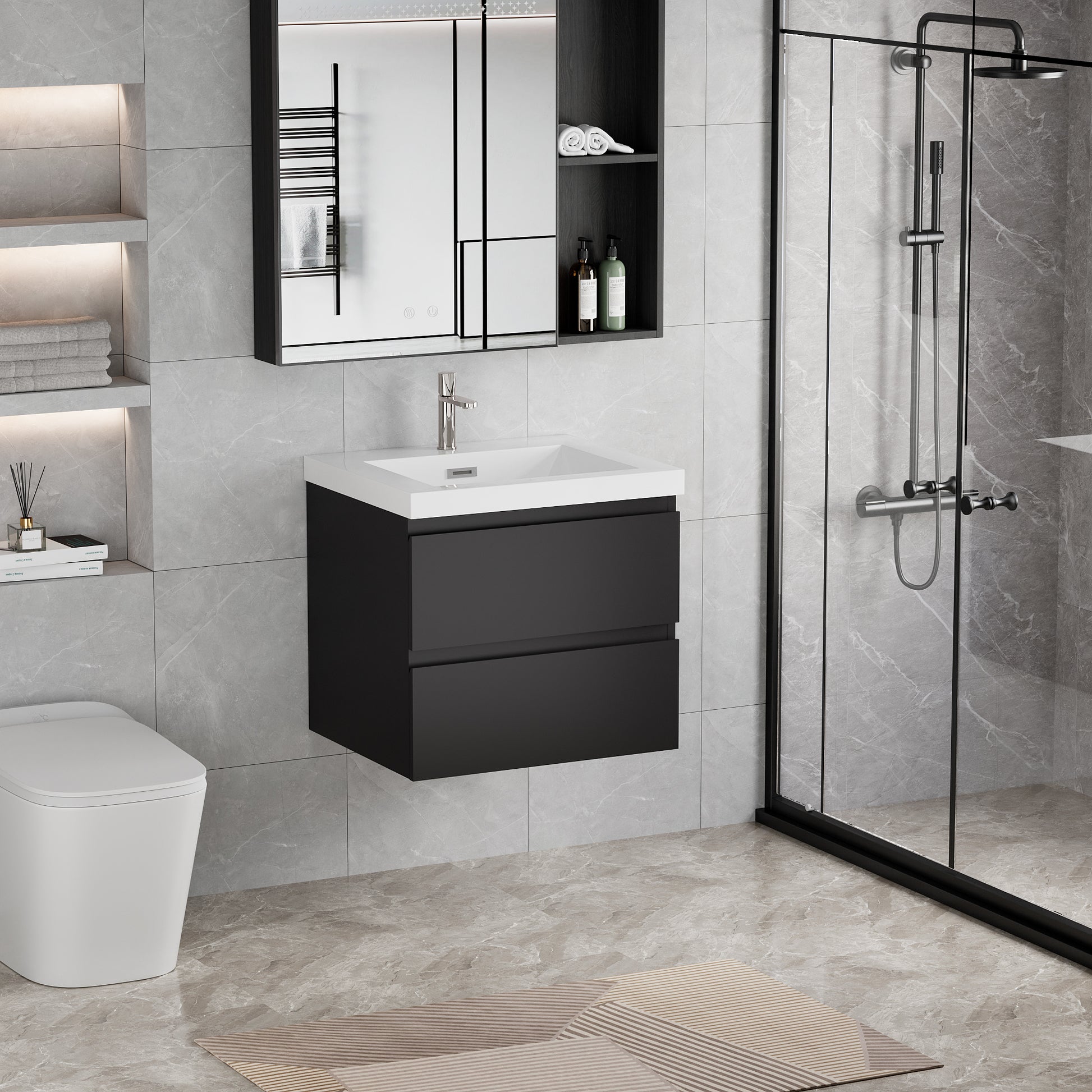 24" Floating Bathroom Vanity With Sink, Modern Wall Mounted Bathroom Storage Vanity Cabinet With Resin Top Basin And Soft Close Drawers, Glossy Black 24V11 24Gb 2 Black Wall Mounted Mdf