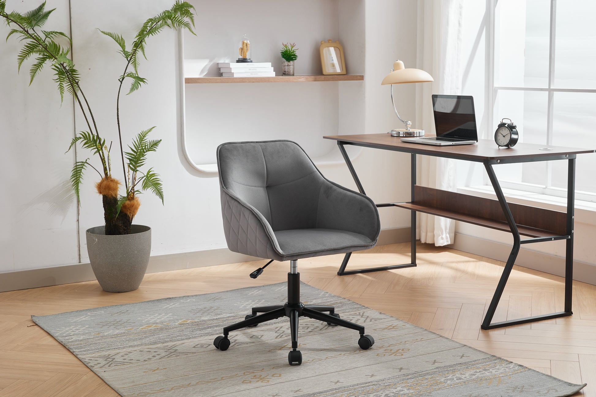 Velvet Office Desk Chair, Modern Home Desk Chair With Wheelsvanity Chairs For Living Room, Bedroom,Study Room Grey Black Foam Polyester Blend