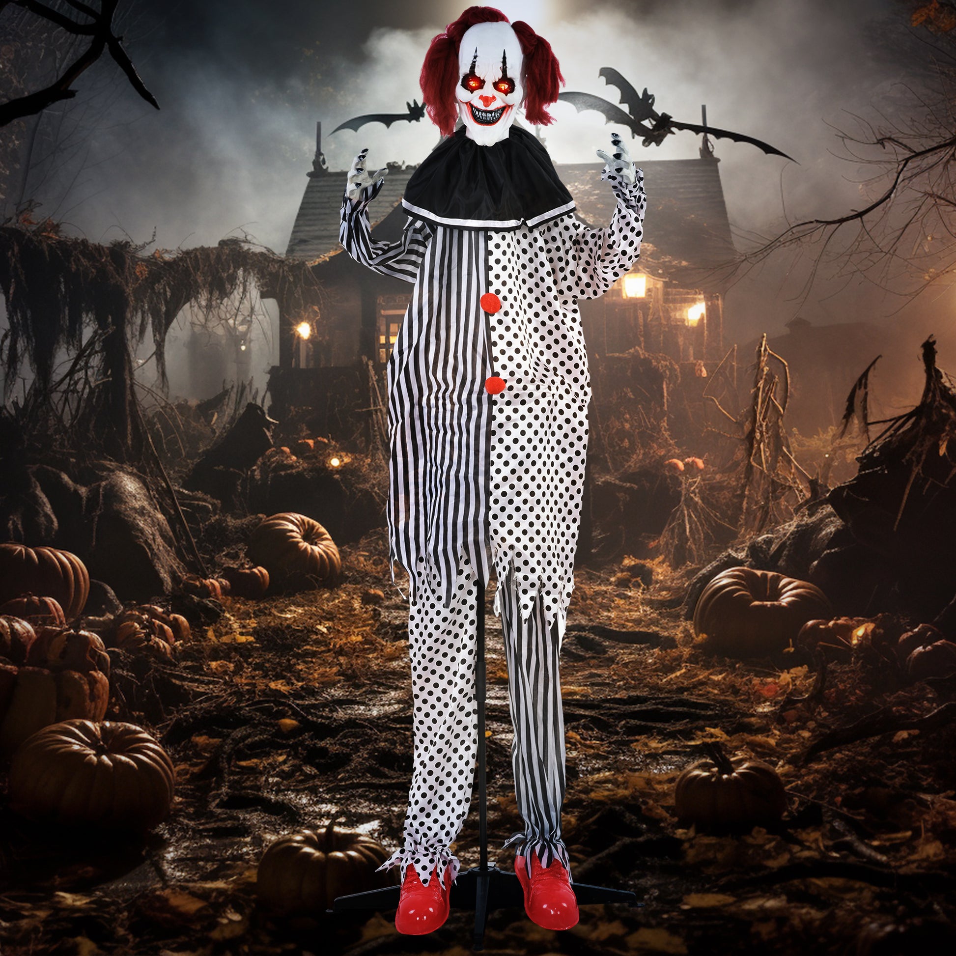 Homcom 6' Life Size Outdoor Halloween Decoration, Animatronic Circus Clown, Sound And Motion Activated Animated Prop With Light Up Eyes, Talking And Laughter White Polyester