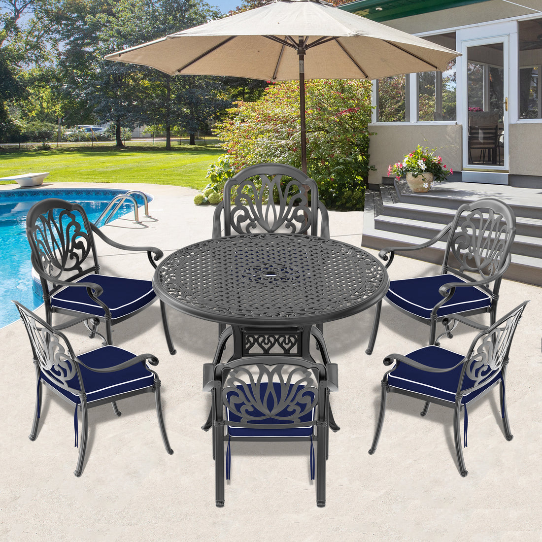 Cushions In Random Colors 7 Piece Set Of Cast Aluminum Patio Furniture With Cushions Yes Dining Set Black Seats 6 Rust Resistant Frame Water Resistant Cushion Garden & Outdoor Complete Patio Sets Aluminium