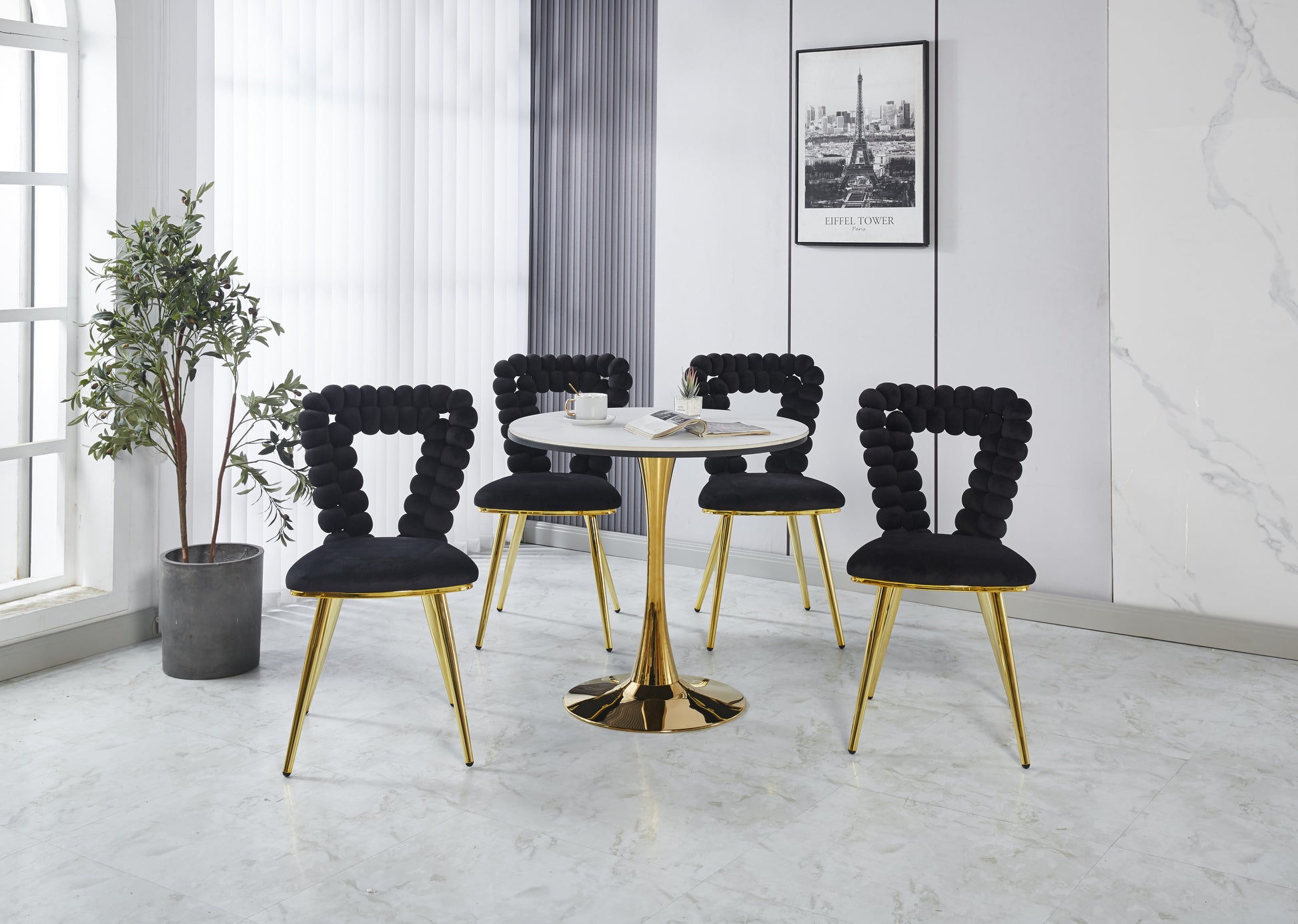 Modern Chair Set Of 2 With Golden Color Iron Tube Legs, Black Soft Cushions And Comfortable Backrest, Suitable For Dining Room, Living Room, Cafe,Hairball Back Gold Black Fabric