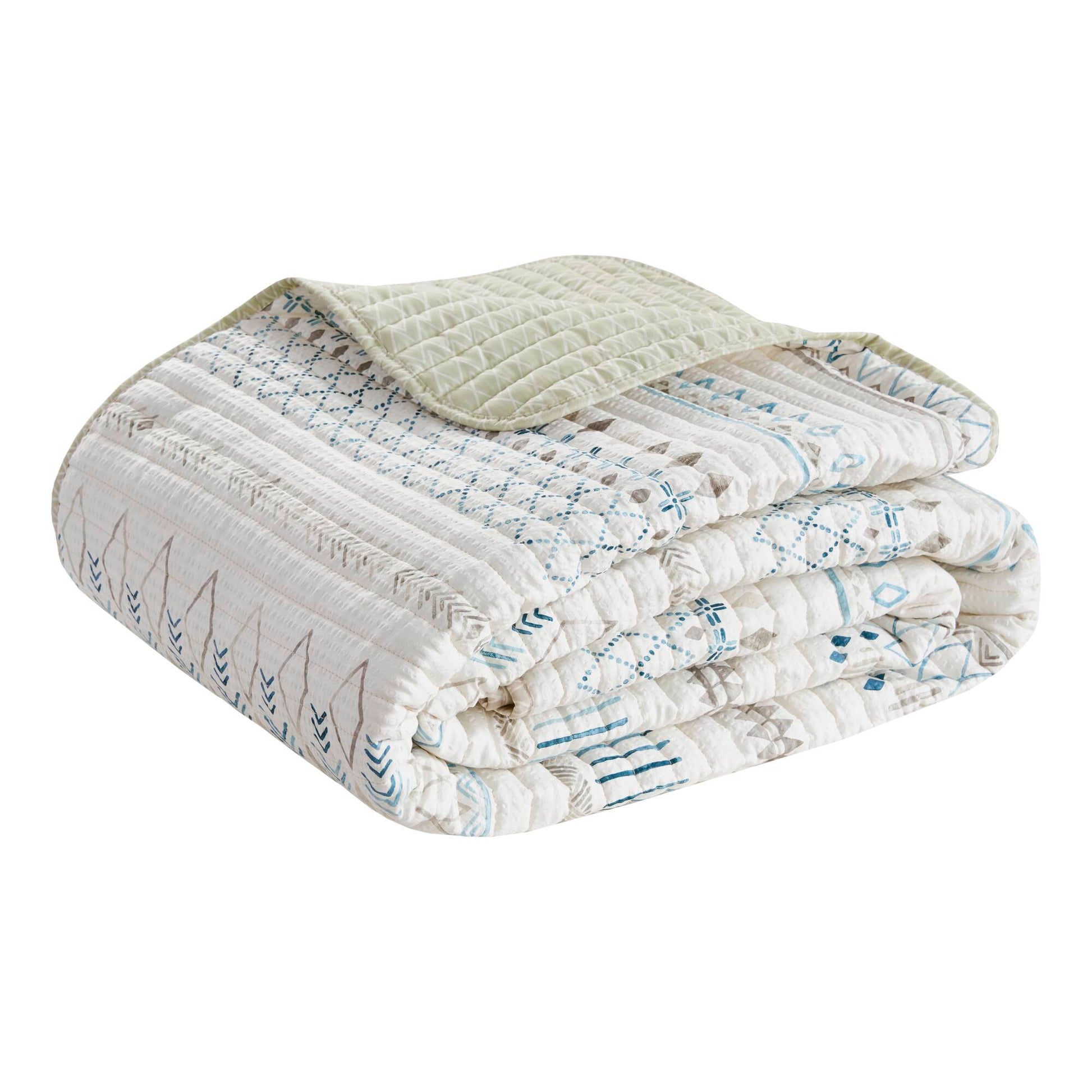 3 Piece Printed Microfiber Seersucker Quilt Set Taupe Blue King Cal King King Taupe Blue Polyester