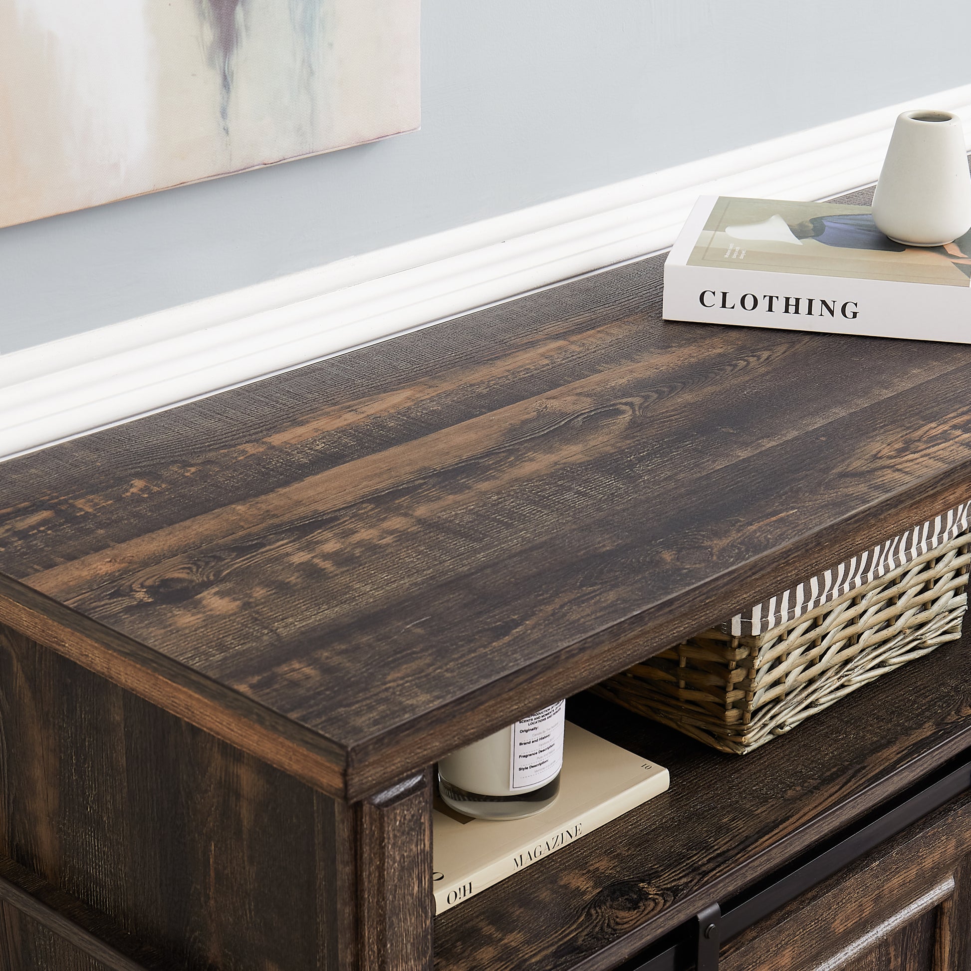 Media Console Table With Storage Cabinet, Mid Century Style Entertainment Tv Table, Multipurpose Sliding Door Tv Cabinet Large Storage Space, 58.11"W*15.79"D*32.36"H Antique Brown Antique Brown Primary Living Space 60 69 Inches 60 69 Inches 60 Inches Mdf